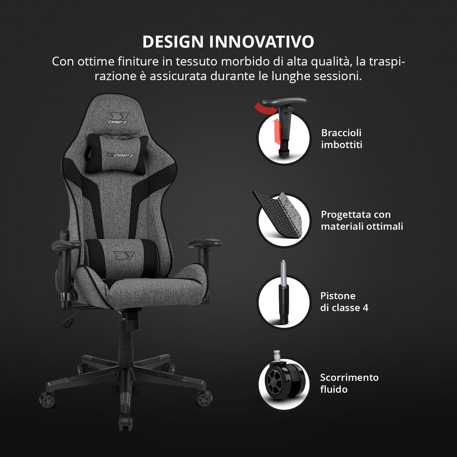 DRIFT GAMING DR90 – Sedia gaming ergonomica con poggiatesta e supporto lombare, schienale reclinabile a 135°, braccioli 2D regolabili, tessuto traspirante, base in nylon e pistone a gas, Grigio-Nero