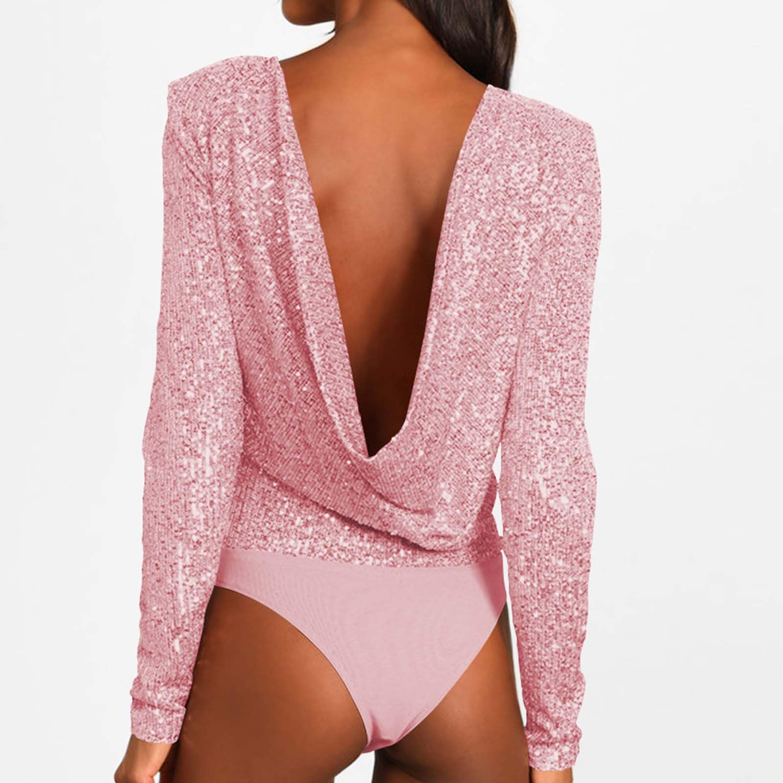 Glitzer Body Damen Party Pailletten Blusebody Transparent Einteiliger Outfit Oberteil Sexy Langarm Spitzenbody Karneval Curvy Bodysuits Mesh Jumpsuit