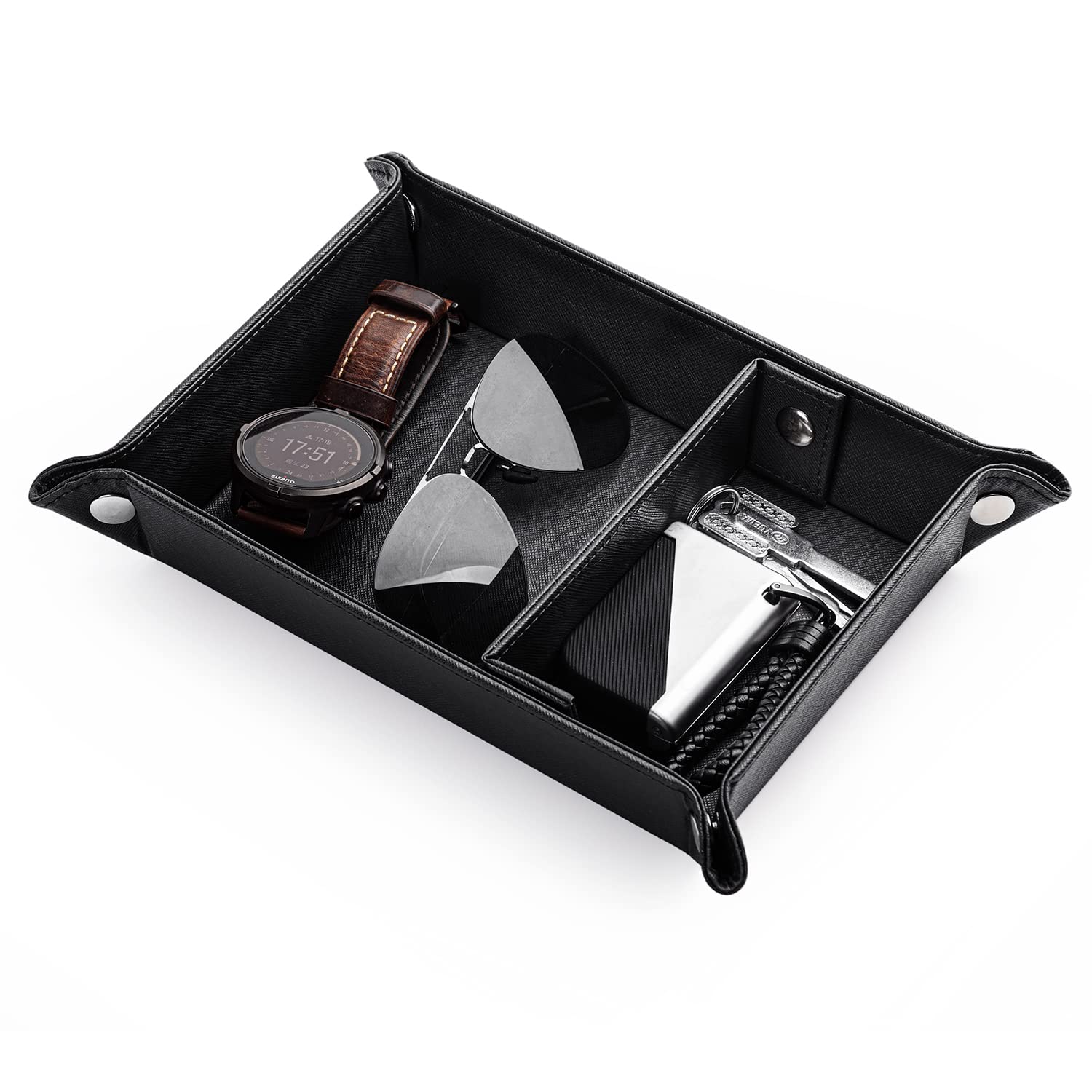 SANQIANWAN Valet Tray for Men Leather Tray Organizer with Partition, PU Tray for Key, Watch & Practical Storage Tray for Table or Nightstand