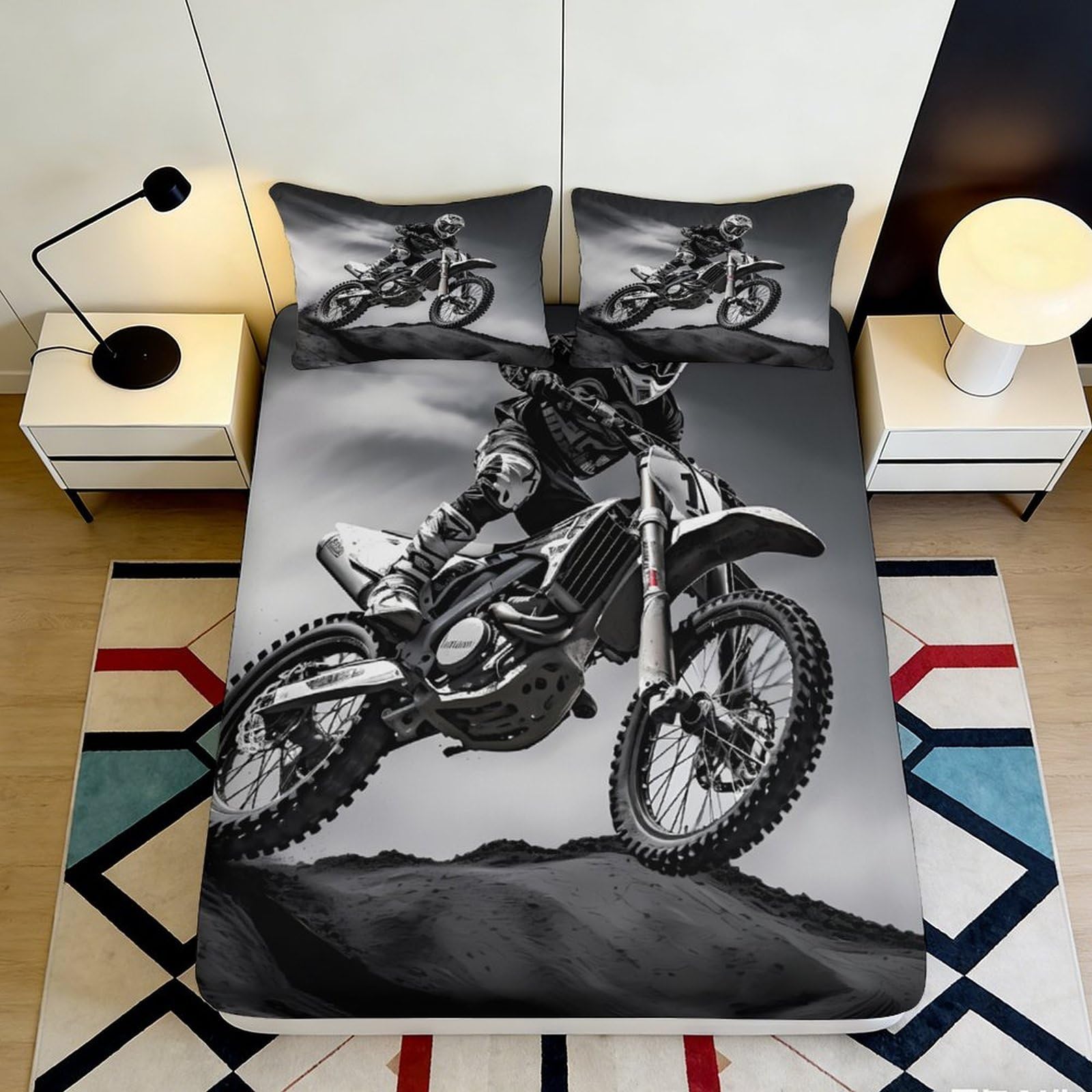 3D Printed Motocross Rider Fitted Sheet Microfiber Soft Breathable Dirt Bike Bed Cover for Bedroom Dorm Decor 90x200x25cm