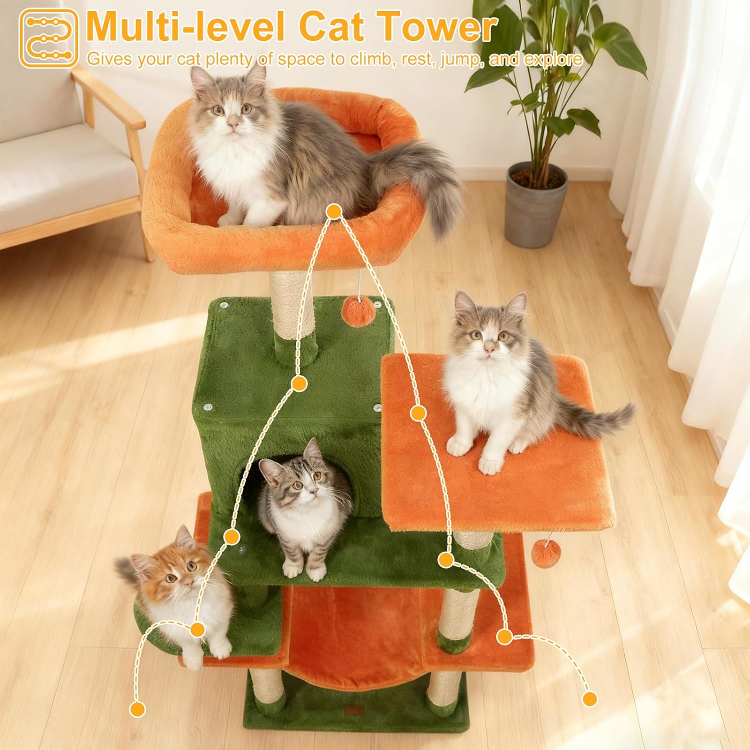 DORTALA Cat Tree for Indoor Cats, 58" Tall Cat Tower with Top Perch, Condo, Hammock, Sisal Scratching Posts, 3 Dangling Balls, Platforms, Multi-level Pet Climbing Furniture Playground (Green & Orange)