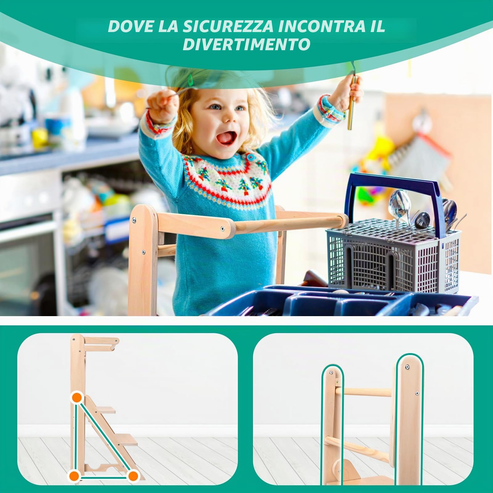 Torre Montessoriana Bambini, Torre di Apprendimento Pieghevole, Torre Montessoriana Regolabile in Altezza (2 Livelli), Capacità di carico 50 kg con Base Antiscivolo per 1-6 Anni (Legno Naturale)
