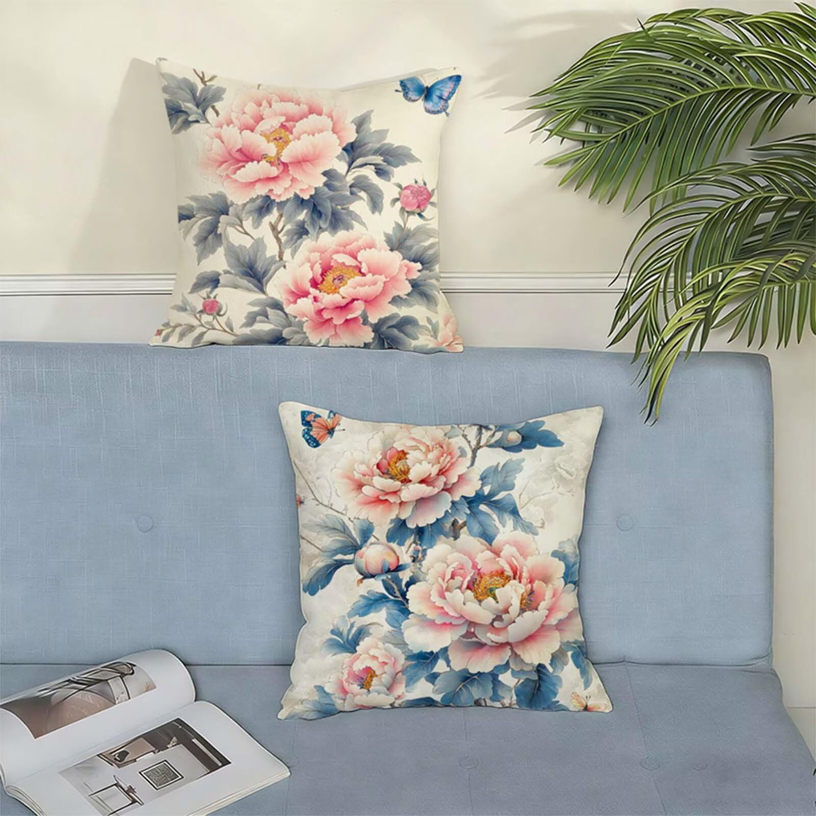Beige Federe Cuscini Divano 80 x 80 CM Rurale Set di 2,Copricuscino Impermeabile Federe Lino Cerniera Invisibile Stampa Fronte-Retro,Comfort Traspiranti Copricuscini Primavera Home Decoration W-1358