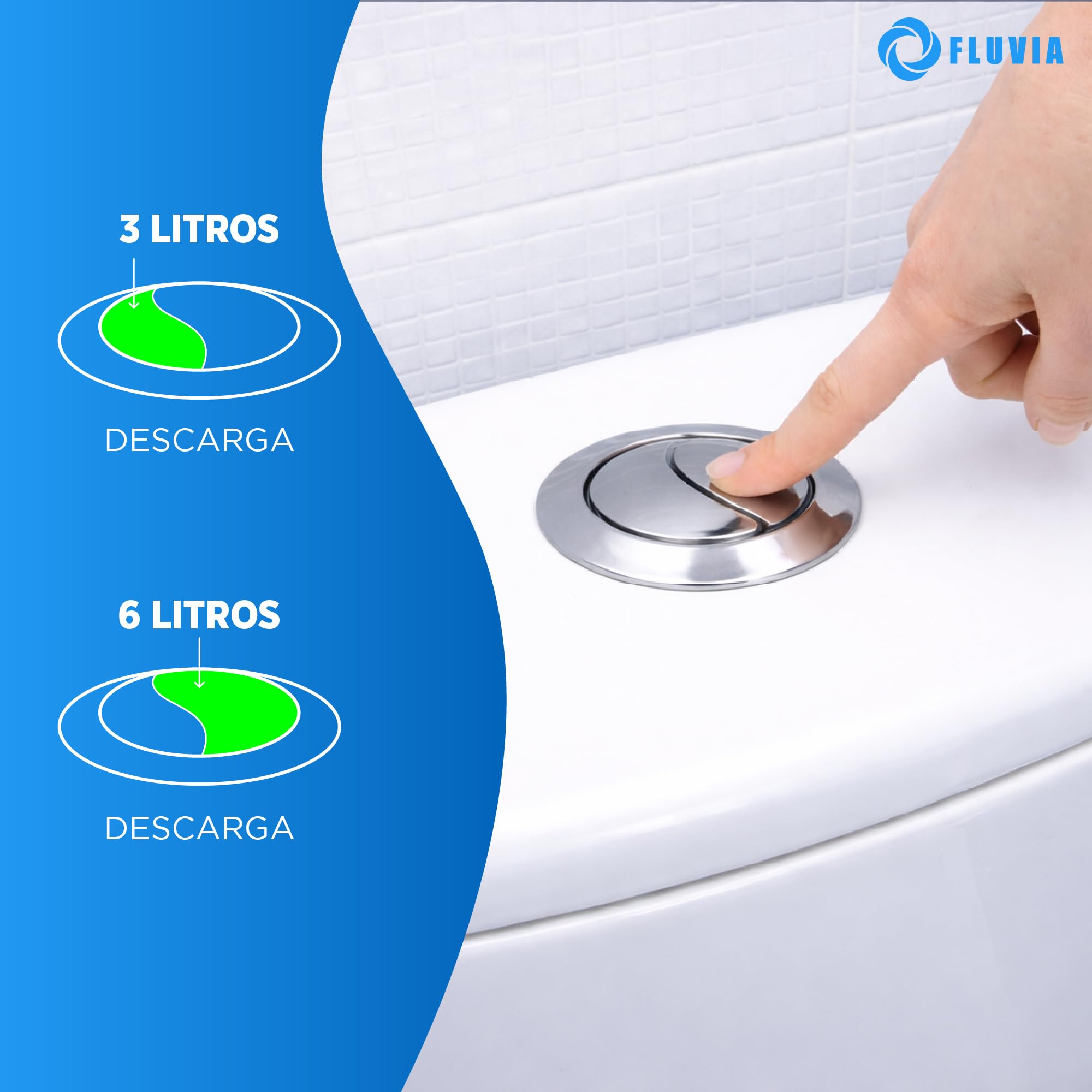 Mecanismo de Descarga Dual para Cisterna, Universal con Cable, 2 Pulsadores Cromados, Ahorro de Agua, Blanco y Azul, Fluvia