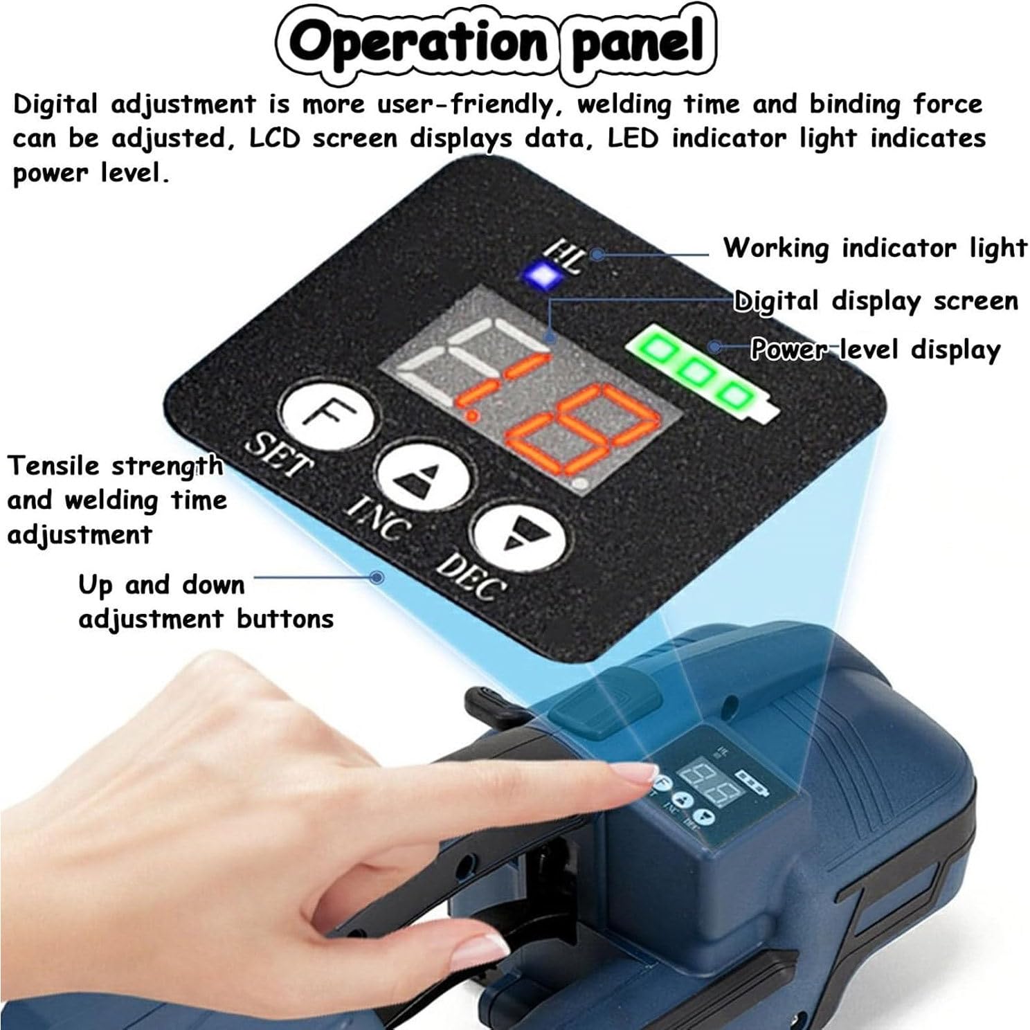 Cercleuse électrique pour feuillards PP-Pet de 11 à 16 cm, Portable avec Affichage numérique, alimentée par Batterie 4000 mAh, Automatique pour palettes, 1 Batterie