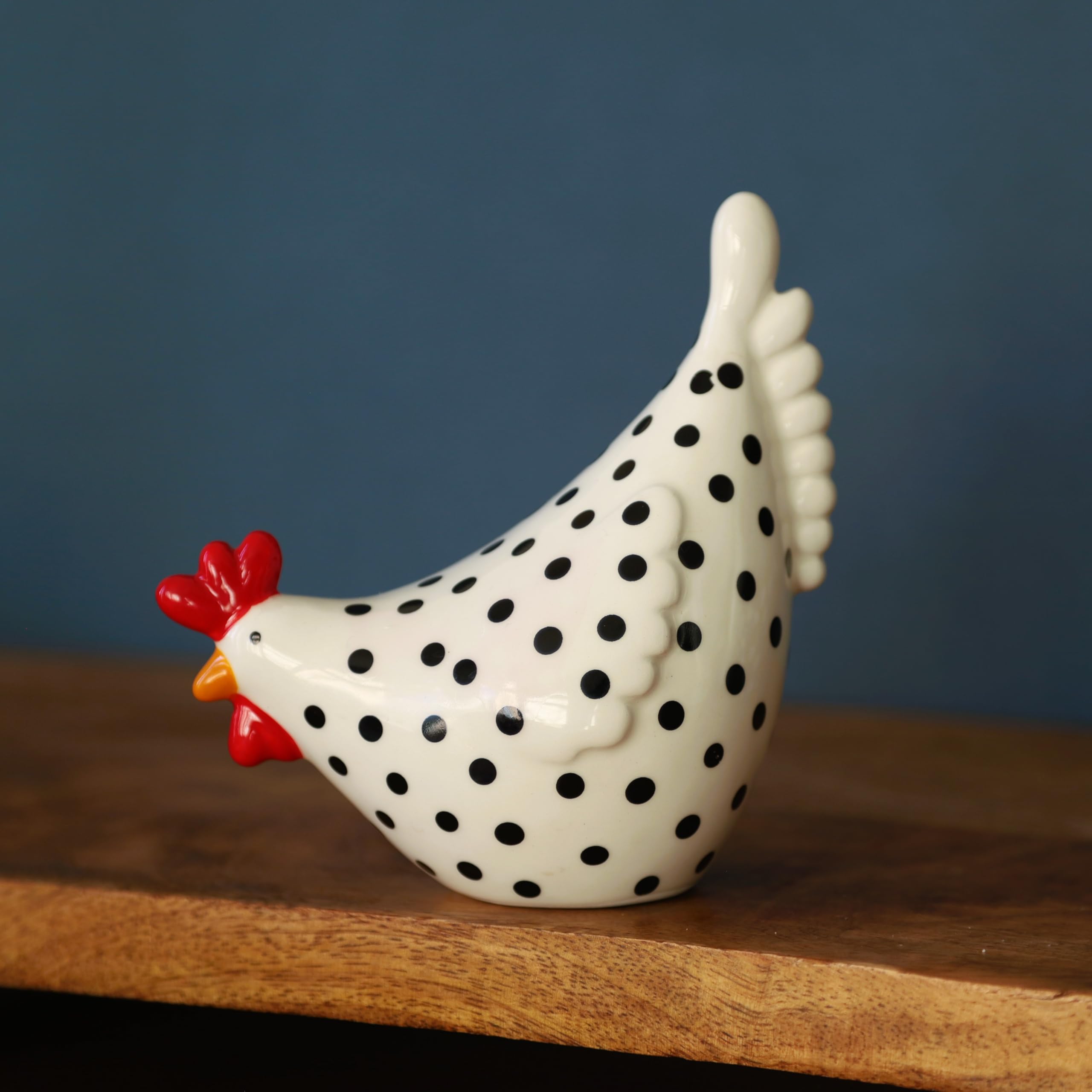 Fyne-Finds White Ceramic Speckled Chicken Polka Dot Hen Shelf Sitter Ornament Decorative Home Figurine (Medium )