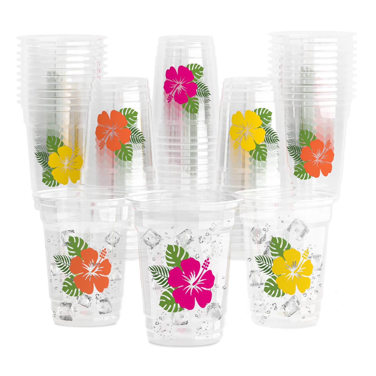YQUQWN 51 PCS Hawaii Laua Cups 12 oz Disposable Thickened Hibiscus Tropical Plastic Cups for Hawaii Luau Pool Beach Party Supplies Summer Birthday Party Favors Drinkware Decorations