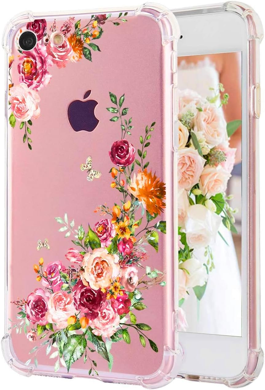 TRENSOM iPhone 8 Plus Clear Flowers Case iPhone 7 Plus Case Floral Pattern Clear Soft TPU Slim Flexible Shockproof Bumper Phone Cases for Women Girls-Light Rose[5.5"]