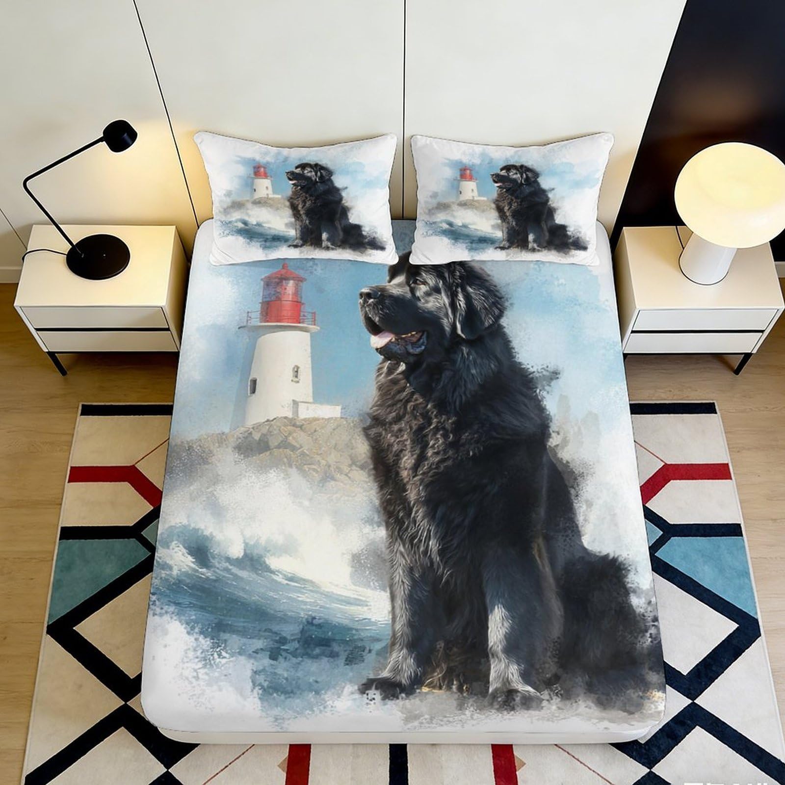 3D Printed Black Newfoundland Dog Fitted Sheet Microfiber Lighthouse Bed Cover for Bedroom Guestroom Decor Machine Washable 90x200x25cm