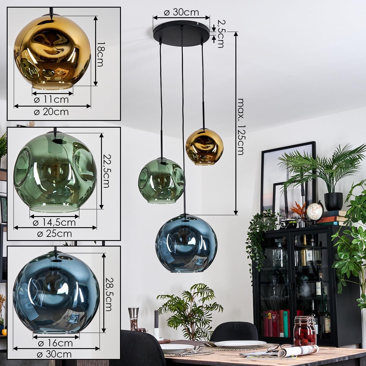 Diagram showing dimensions and installation overview of the hofstein Ripoll pendant lamp