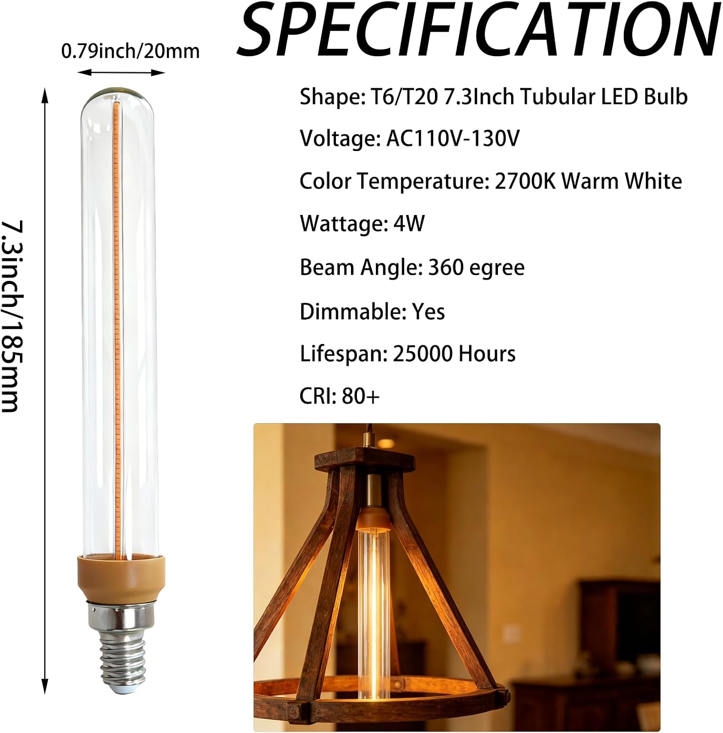 Long Tube LED Light Bulb Dimmable, Type T6 E12 Candelabra Bulb 40W Equivalent, T20 Tubular 7.3Inch Vintage Edison Bulbs for Chandeliers, Wall Sconces, 4W 2700K Warm White, 2 Pack