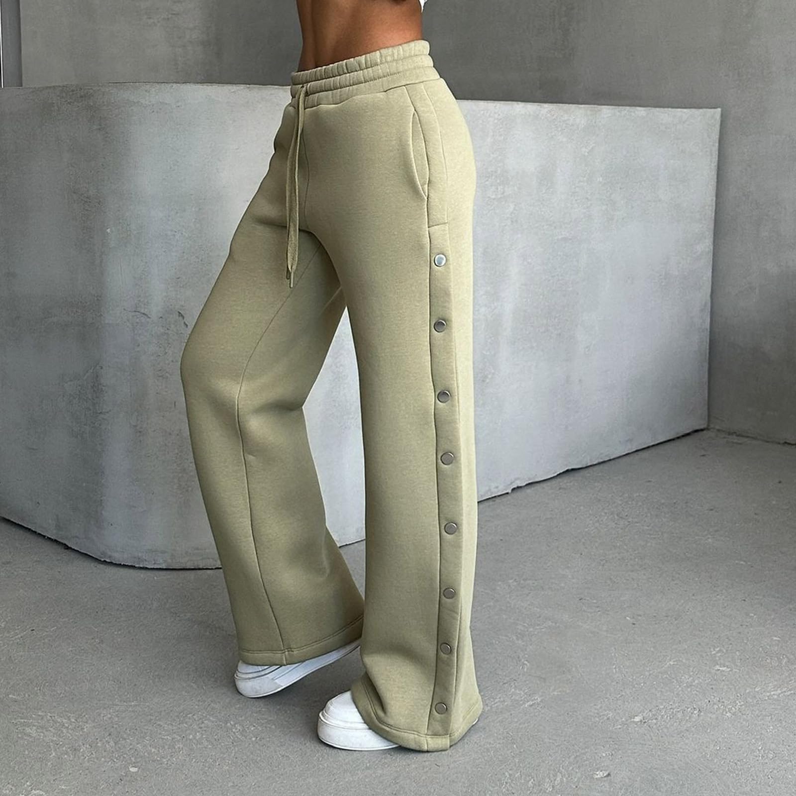 FUPODD Jogginghose Damen Baggy Sporthose Frauen Lang Breites Bein Sweatpants Lockere Gerades Bein Freizeithose Mit Knöpfen An Der Seite Trainingshose Fitness Laufhosen Kordelzug Hose Mit Taschen