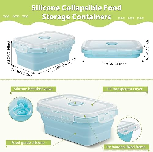 Miniatura 9 de Mifoci Juego de 8 recipientes plegables de silicona para almacenamiento de alimentos de 17 onzas, recipiente cuadrado plegable con tapas de