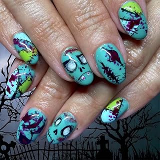 Halloween Press on Nails Monster Fake Nails Short Almond Stick on Nail Scar Glue on Nails with Design Glossy Artificial Acrylic Full Cover False Nail for Women Manicure Girls 24Pcs