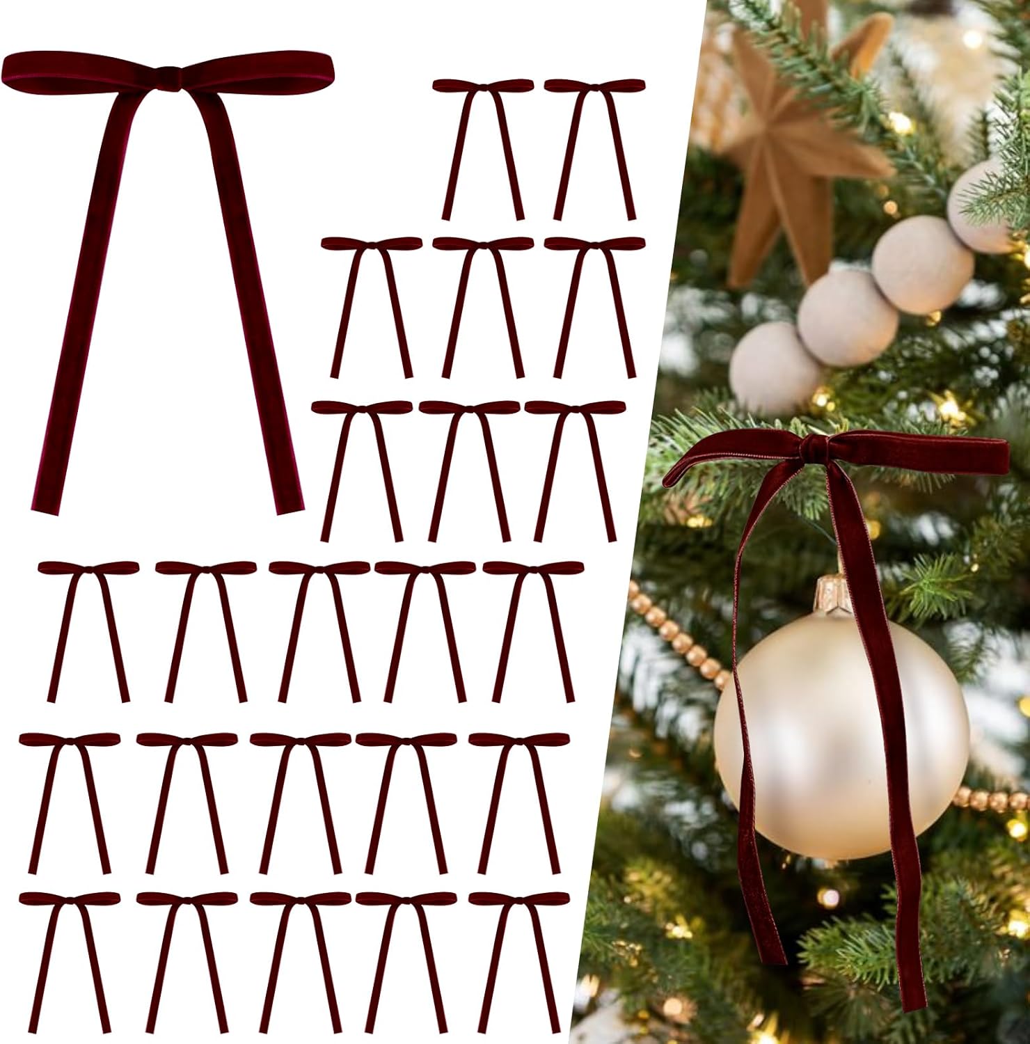 GGV 24 Pcs Velvet Bows for Christmas Tree Ornaments Vintage Velvet Ribbon Burgundy Christmas Decorations Garland Decor Bow 3/8” Wide, 5 * 7 inch (Burgundy)