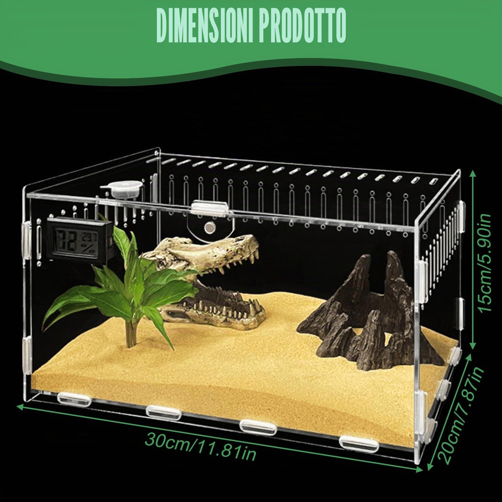 Terrario in acrilico: scatola di alimentazione per rettili, 30 x 20 x 15 cm, trasparente, mini terrario per lumache, ragni e rettili