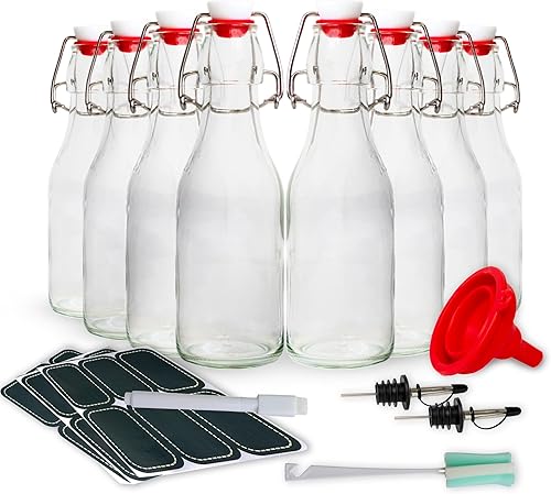 AYL Botella de vidrio abatible 9 onzas líquidas Paquete de 8 - Botella de vidrio con tapa abatible para kombucha, kéfir, refrescos, cerveza, jugo,