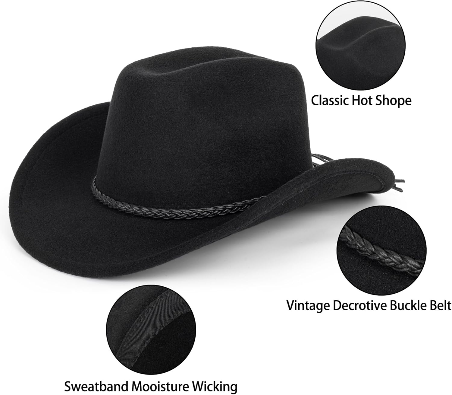 Women Men Classic Felt Wide Brim Western Cowboy Cowgirl Hat Rodeo Hat with Belt - Image 3
