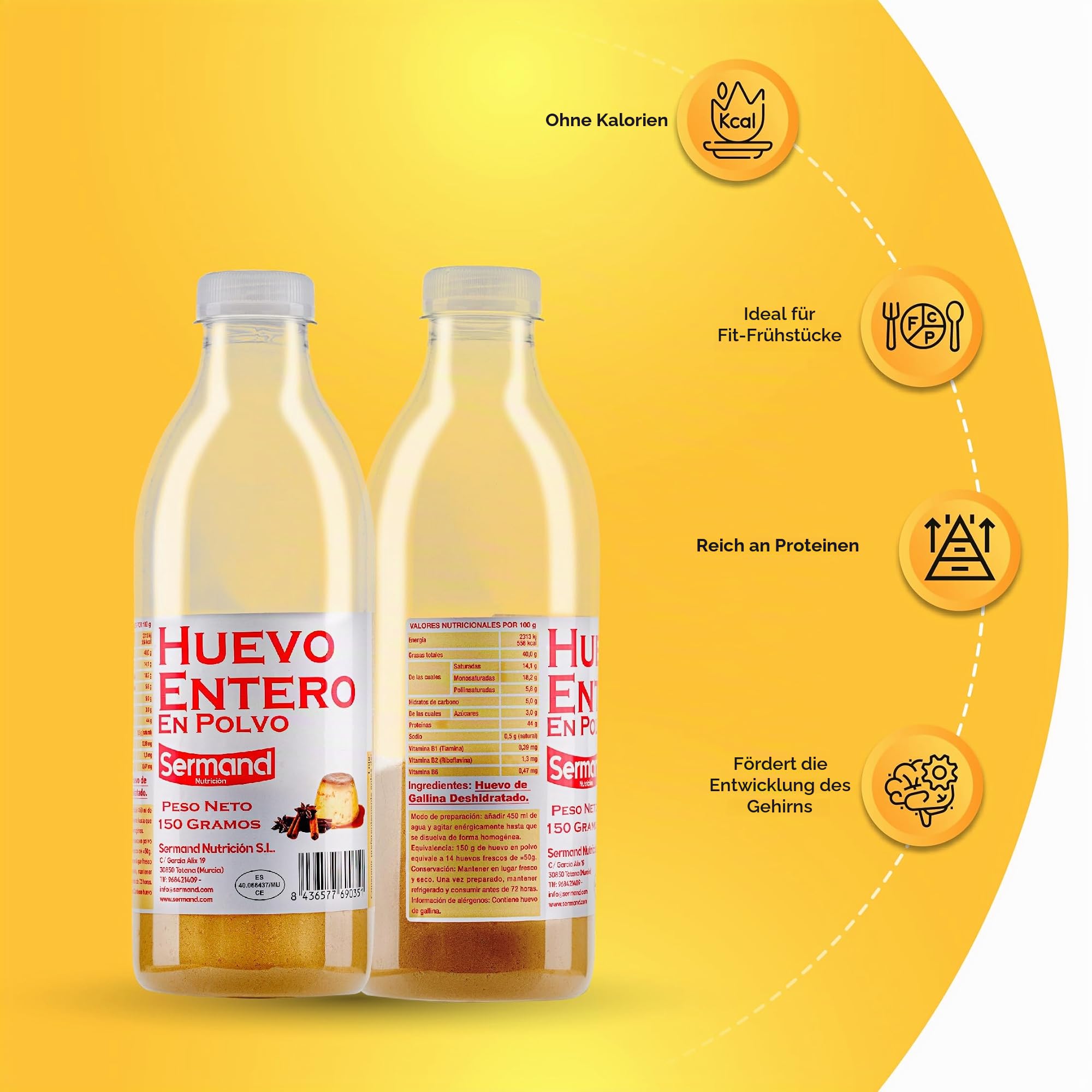 SERMAND 6er Pack Eipulver-Flaschen (150 g) – Pasteurisiertes Getrocknetes Ei | Glutenfrei | Laktosefrei | Ohne Zusatzstoffe | Natürliche Proteinquelle