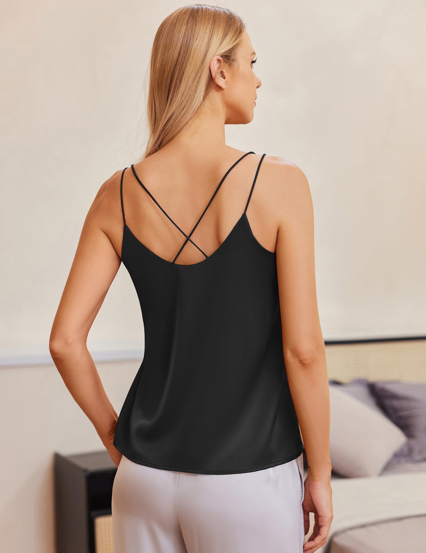Ekouaer Top de satén para mujer, elegante, espagueti, cuello en V, básico, de seda, sin mangas, S-XXL