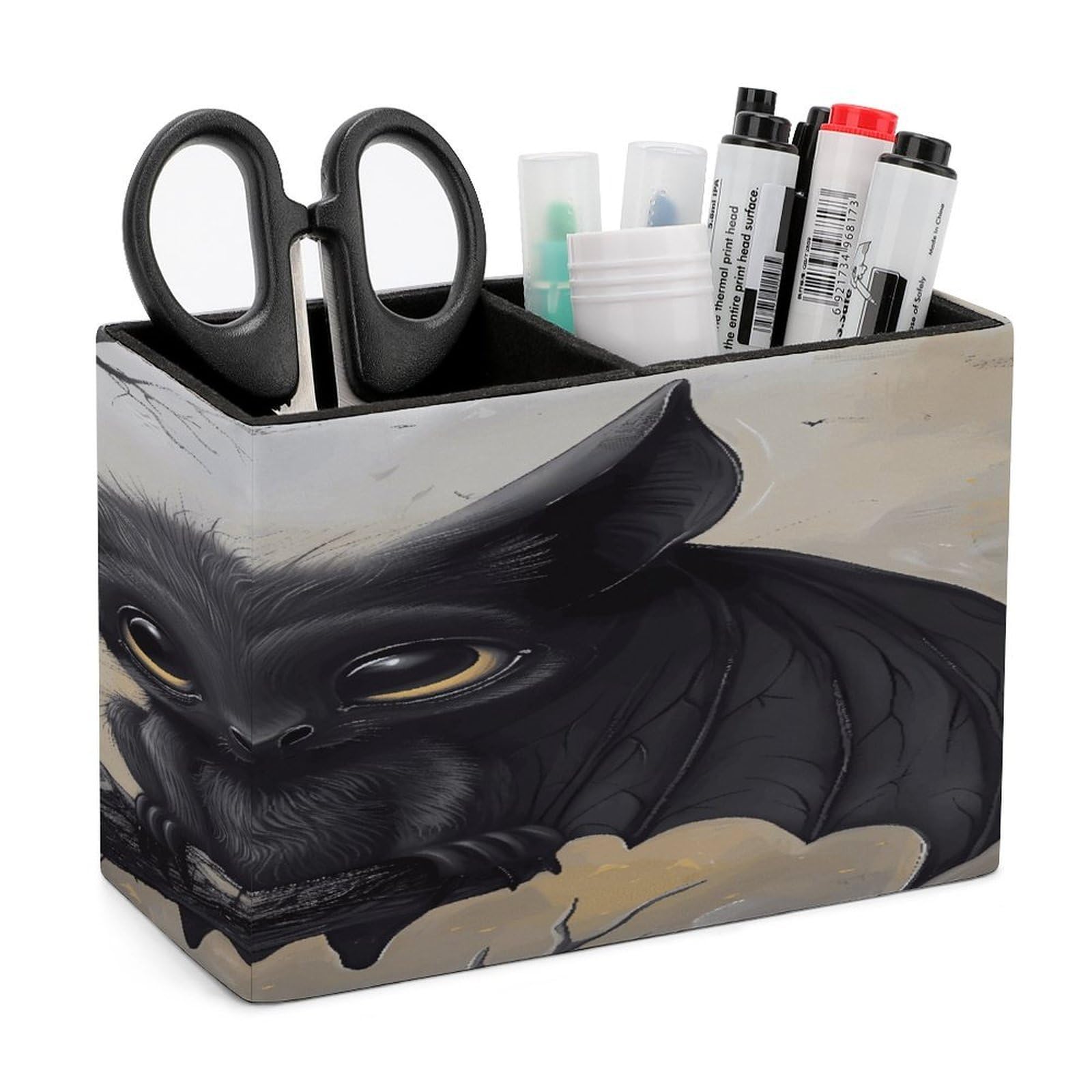 VstaDank Bat Pencil Holder for Desk Organizer 2 Compartments Pen Cup Leather Square Pen Holder Pencil Cup Stand Makeup Brush Holders for Desktop Organizer Storage Case