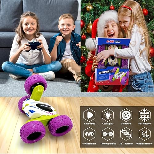 Miniatura 5 de Auto de control remoto para niñas, niños, color rosa, 360, volteado, de alta velocidad, autos de acrobacias a control remoto, auto de carreras