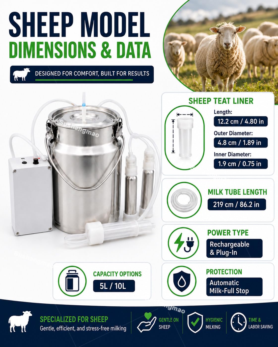 Mungitrice Ricaricabile 5L/10L per Mucche e Pecore 10L-Sheep | Doppia Alimentazione, Secchio Inox, Coppette Rimovibili e Spazzole di Pulizia per Facile Manutenzione