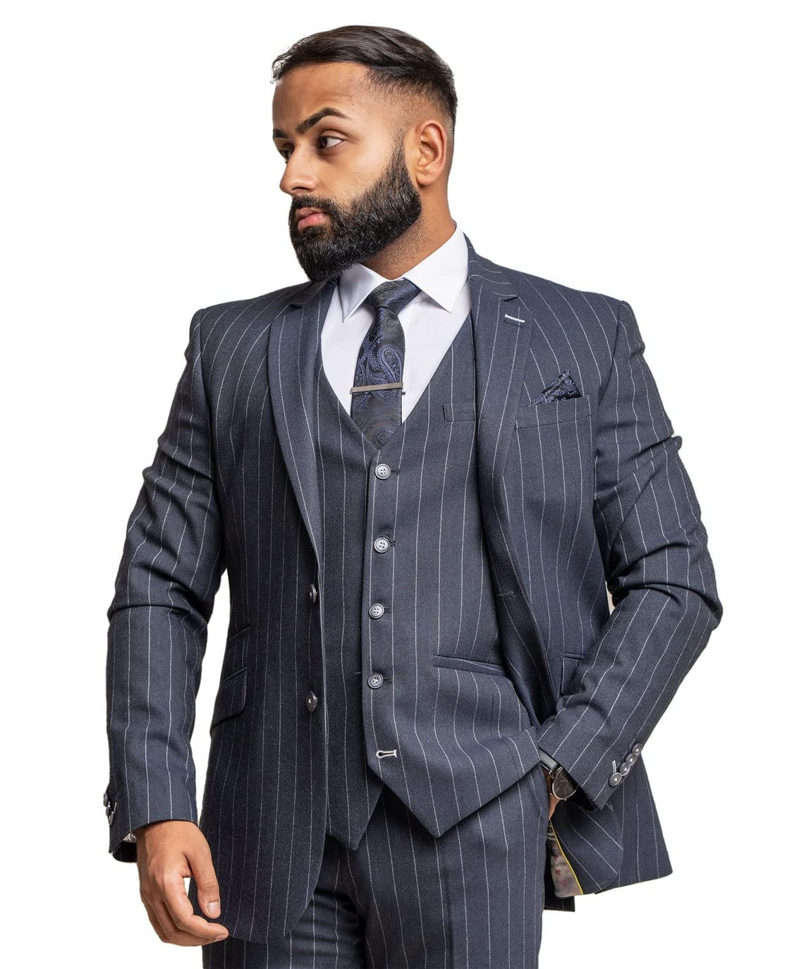 Veste de Costume Homme Coupe Slim Tweed Fines Rayures Bleu Marine Vendu séparément Ensemble Poitrine 44r