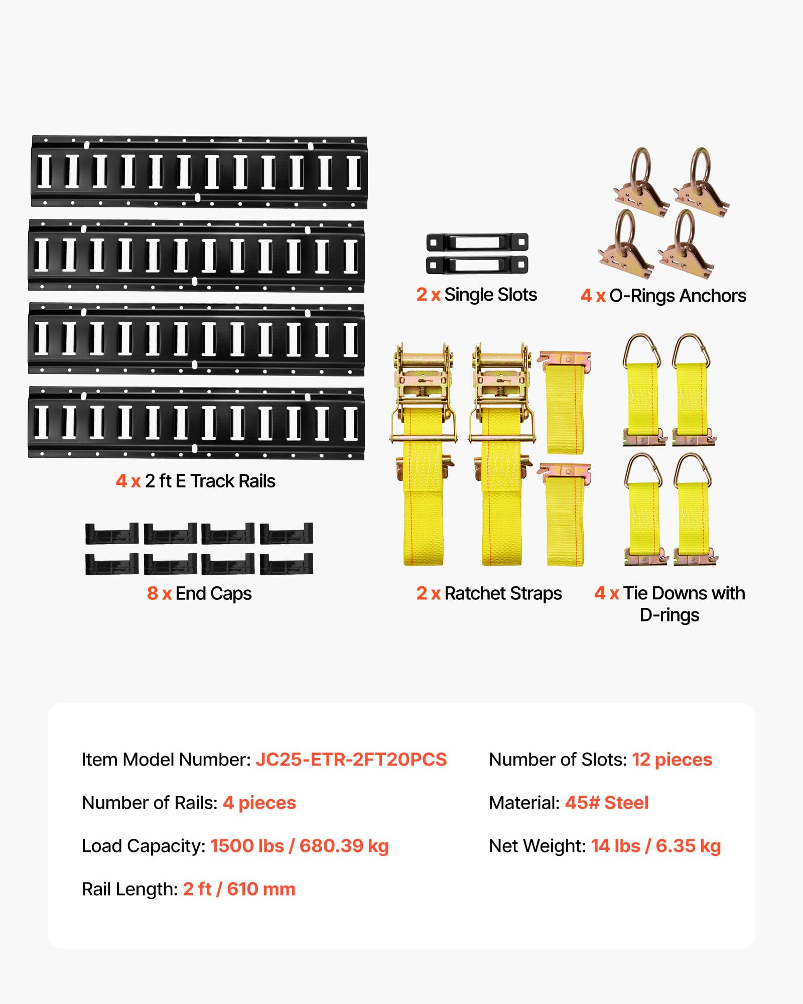 VEVOR Kit de 4 Rieles de Amarre E-Track de 0,6 m, con 2 Correas de Trinquete, 4 Juntas Tóricas, 4 Correas de Amarre con Anilla en D, 2 Ranuras Individuales y 8 Tapas de Extremo, para Garajes
