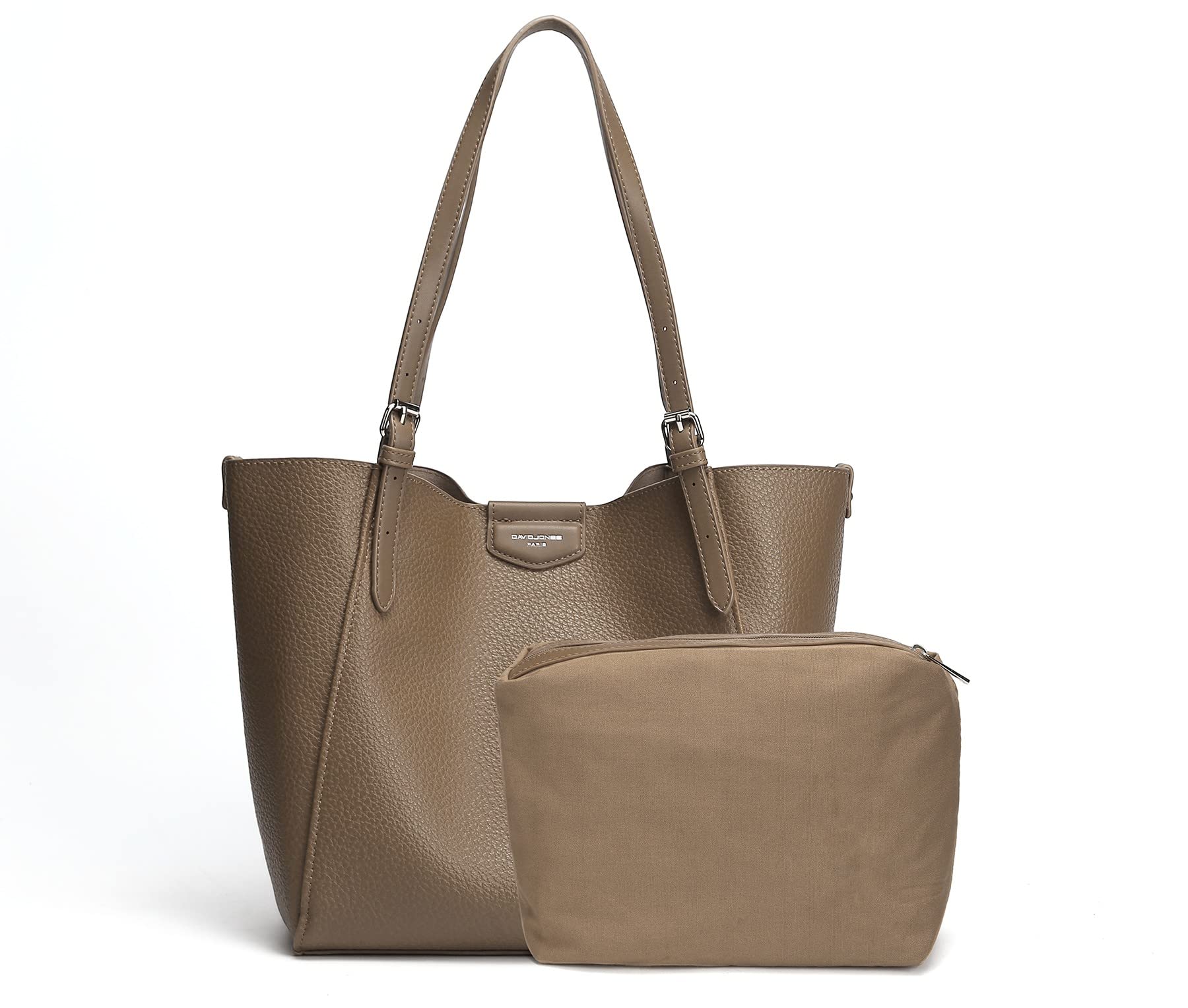 David Jones - Bolso de Hombro Mujer - Bolso de Mano Piel Sintética Suave - Tote Shopper Gran Capacidad A4 Cuero PU - Bolsos Compras Trabajo Asas Largas - 2 Piezas con Embrague - Marrón Topo