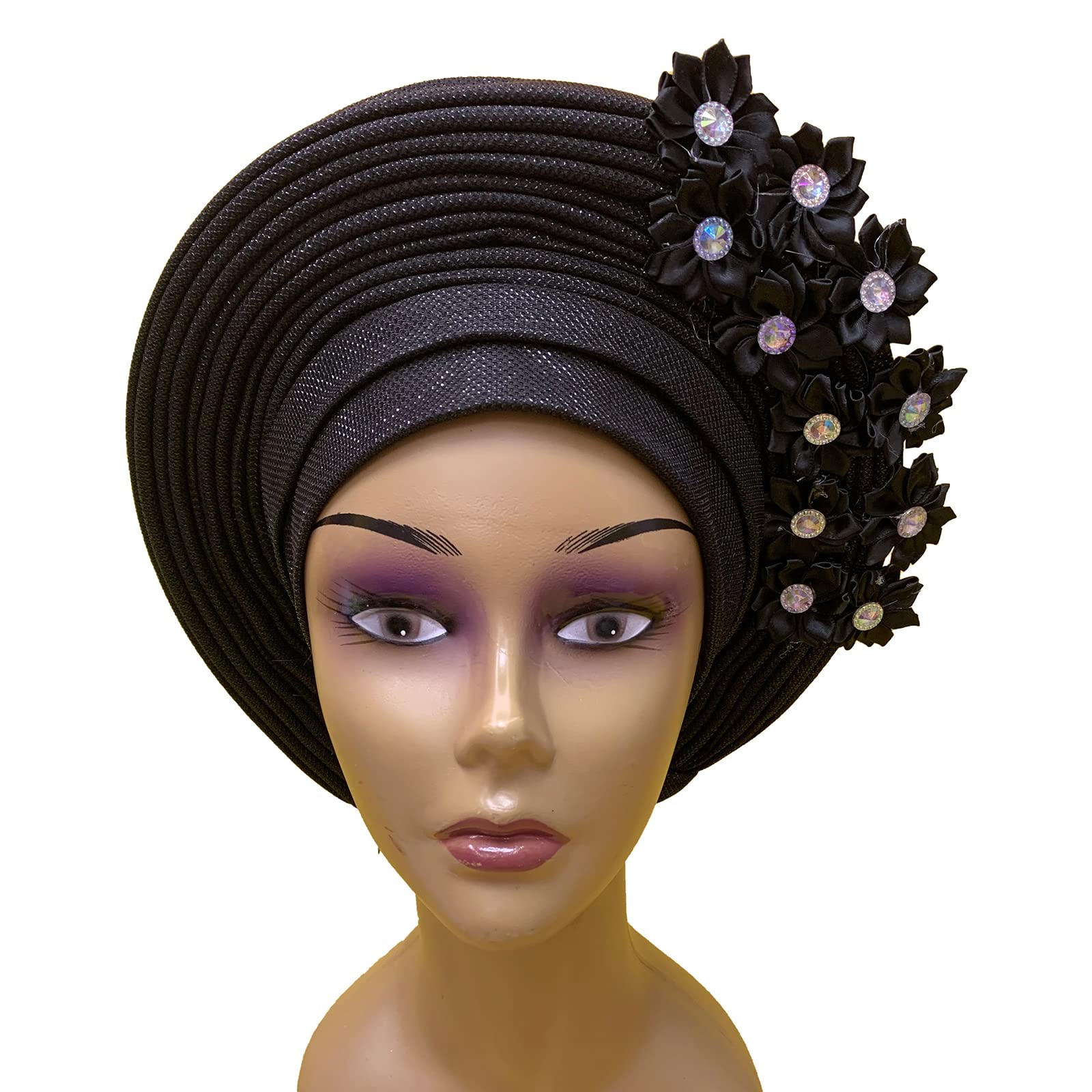 African Headtie Turban Nigerian Muslim Headwear Gele Head Wrap Auto Gele Headties Already Made Women's Headband For Party, Black, One Size