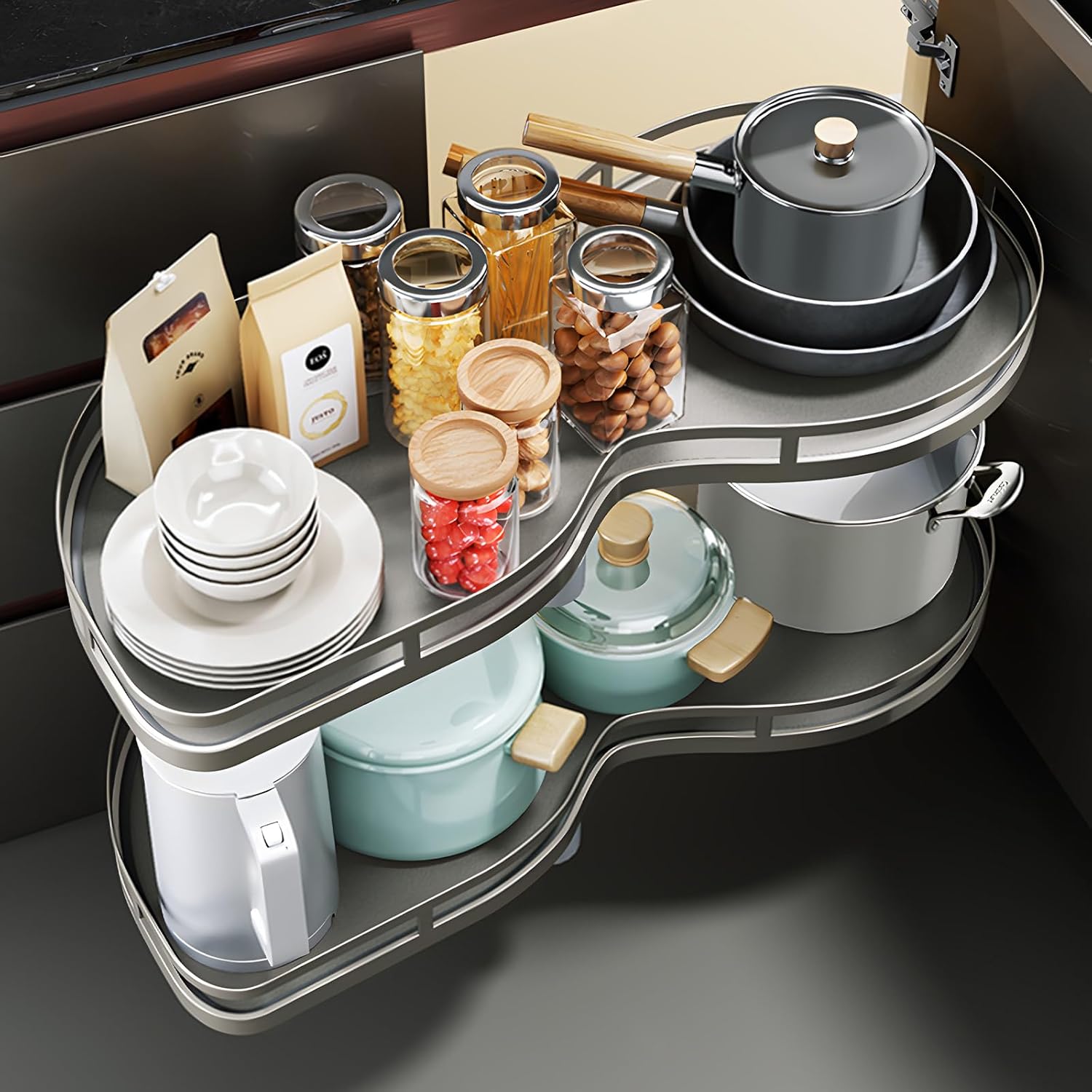 Blind Corner Cabinet Pull Out 12",14", 16", 18" Opening, 2-Tier Shelf Kitchen Cabinet Organizer, Blind Corner Cabinet Organizer, Left/Right Door, Adjustable Height, Metal Black