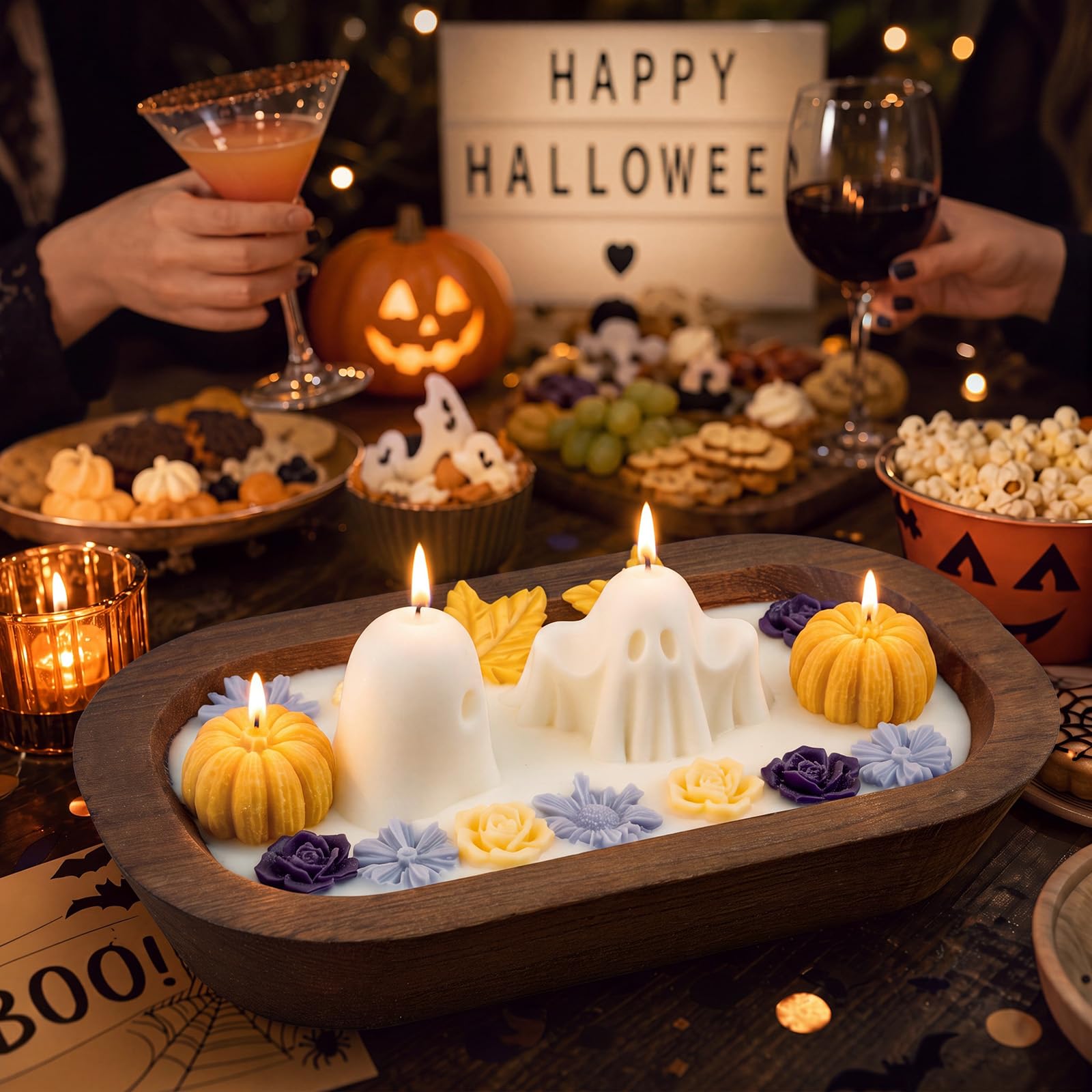 Siifert Vela de madera para Halloween con forma de cuenco de masa de fantasma, 3 mechas perfumadas con 100% cera de soja, decoraciones navideñas, decoración espeluznante de habitación