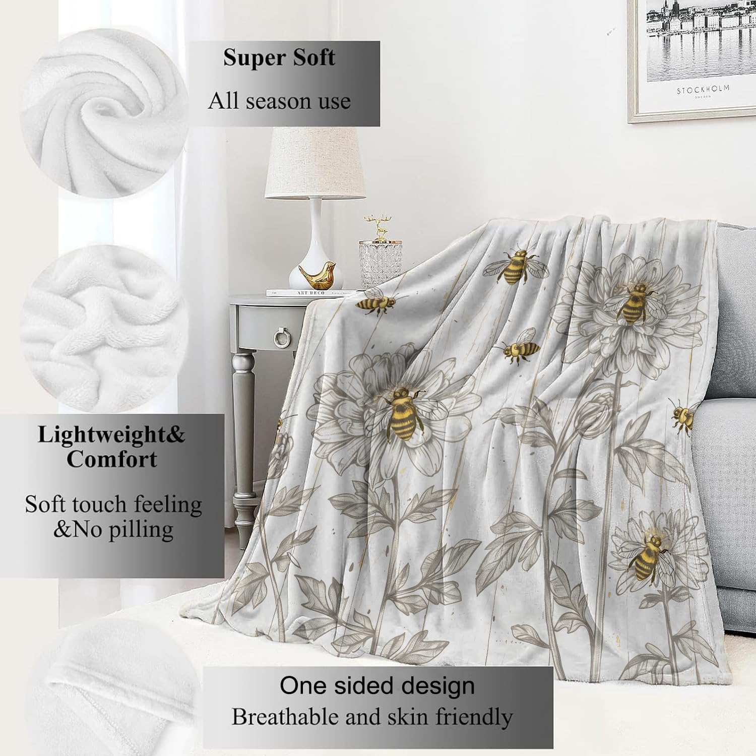 Vintage Bee Blanket Rustic Botanical Wood Throw Blankets with Honeybee & Bloom,Birthday Gifts for Women,Lightweight Soft Fleece,for Sofa Couch Bed Room Farmhouse Decor 50x60in - Image 2