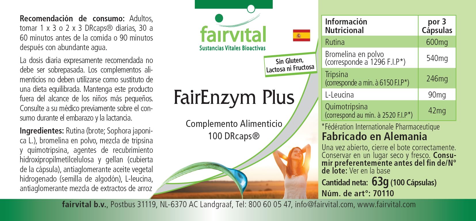 fairvital FairEnzym Plus, 100 DRCaps™, fáciles de tragar, complejo multienzimático, con rutosido, bromelina, tripsina y quimotripsina, ALTA DOSIS
