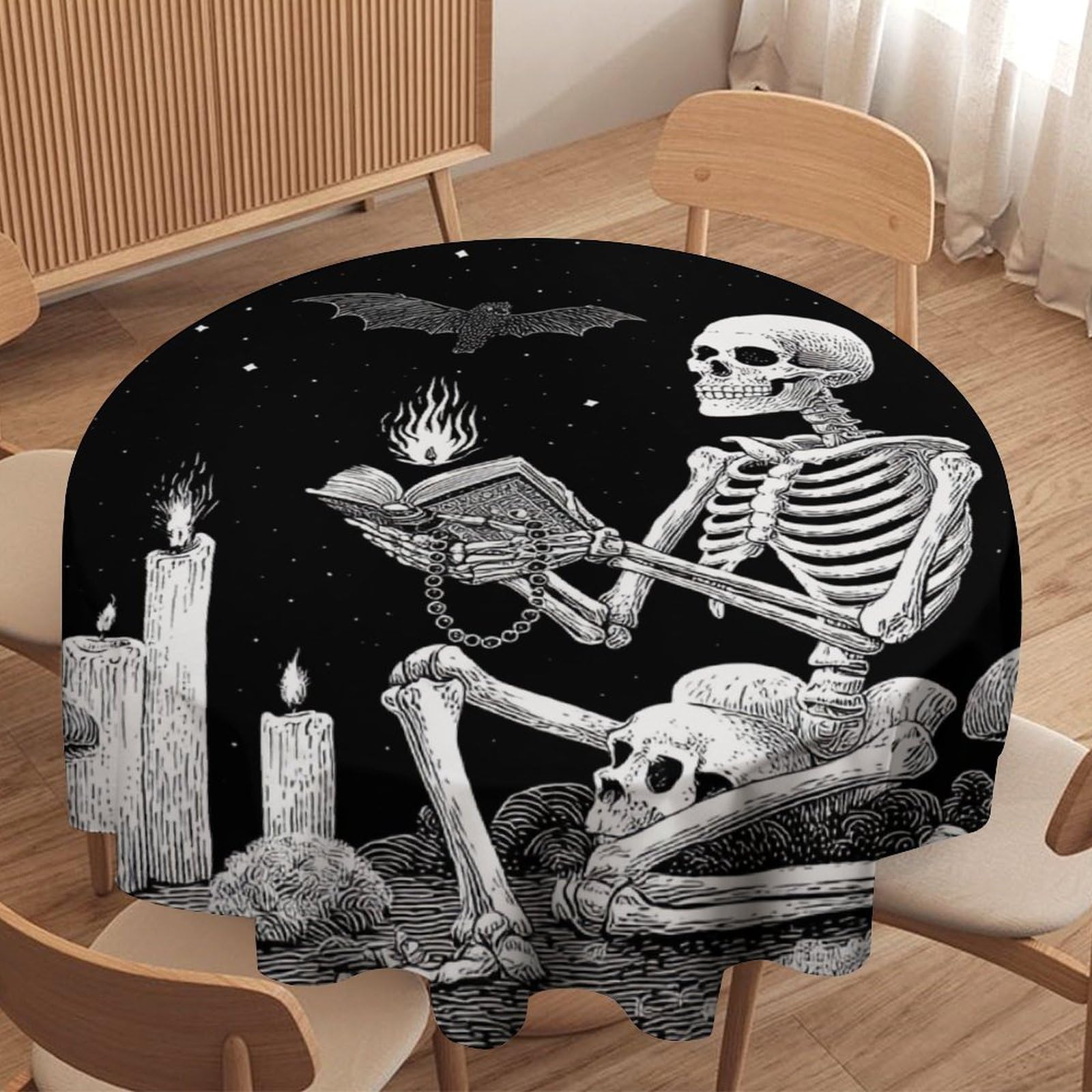 LUYYSKY Beautiful Vintage Gothic Skeleton Waterproof Round Tablecloth Beautiful Classic Halloween Animal Owl Bats Horror Skull Washable Table Cover for Kitchen-127 Wx127 L cm