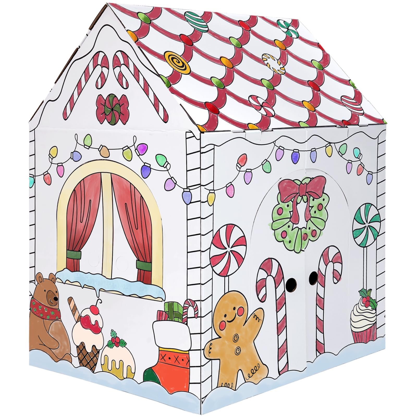 kockuu Color Your Own Cardboard Gingerbread House, Large Christmas Cardboard Playhouse for Kids Toddlers Christmas Arts & Crafts Activity Indoor Fun, 40
