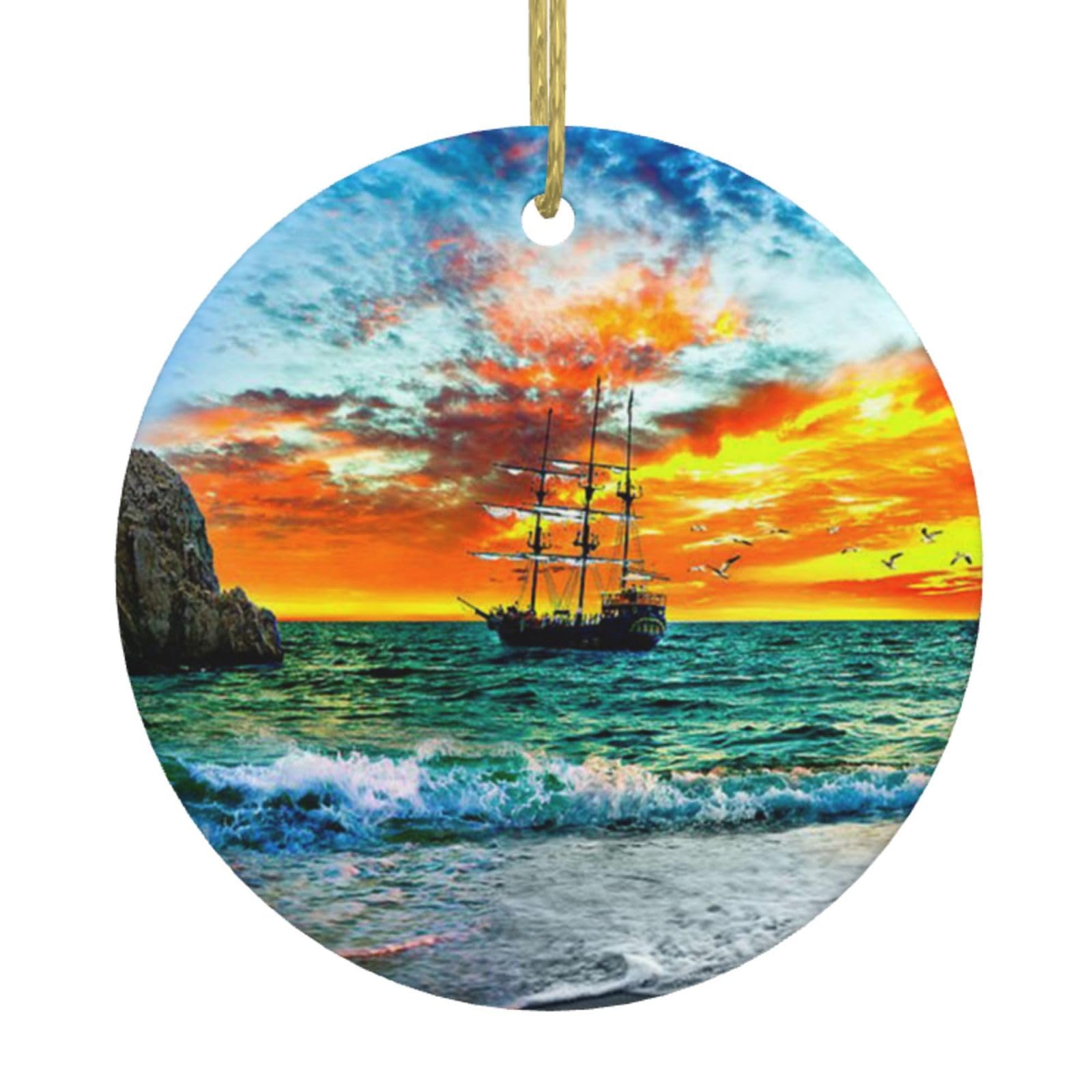 Feetox White Pirate Ship In The Sunset Christmas Tree Ceramic Hanging Xmas Tree Decoration Bauble Round Ceramic Decorations Decorative Home Decoration