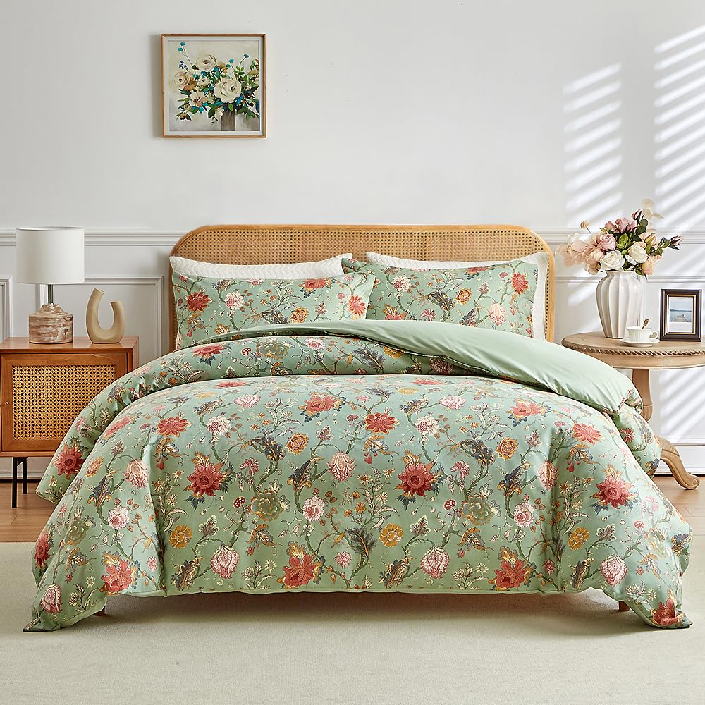 Freyamy Grün Bettwäsche 200x220,Exotisch Bunt Blumen Bettwäsche-Sets 3tlg,Luxus Botanisch Wende Bettwäsche Weich Gewaschene Mikrofaser Bettbezug mit Reißverschluss und 2 Kissenbezüge 80x80cm