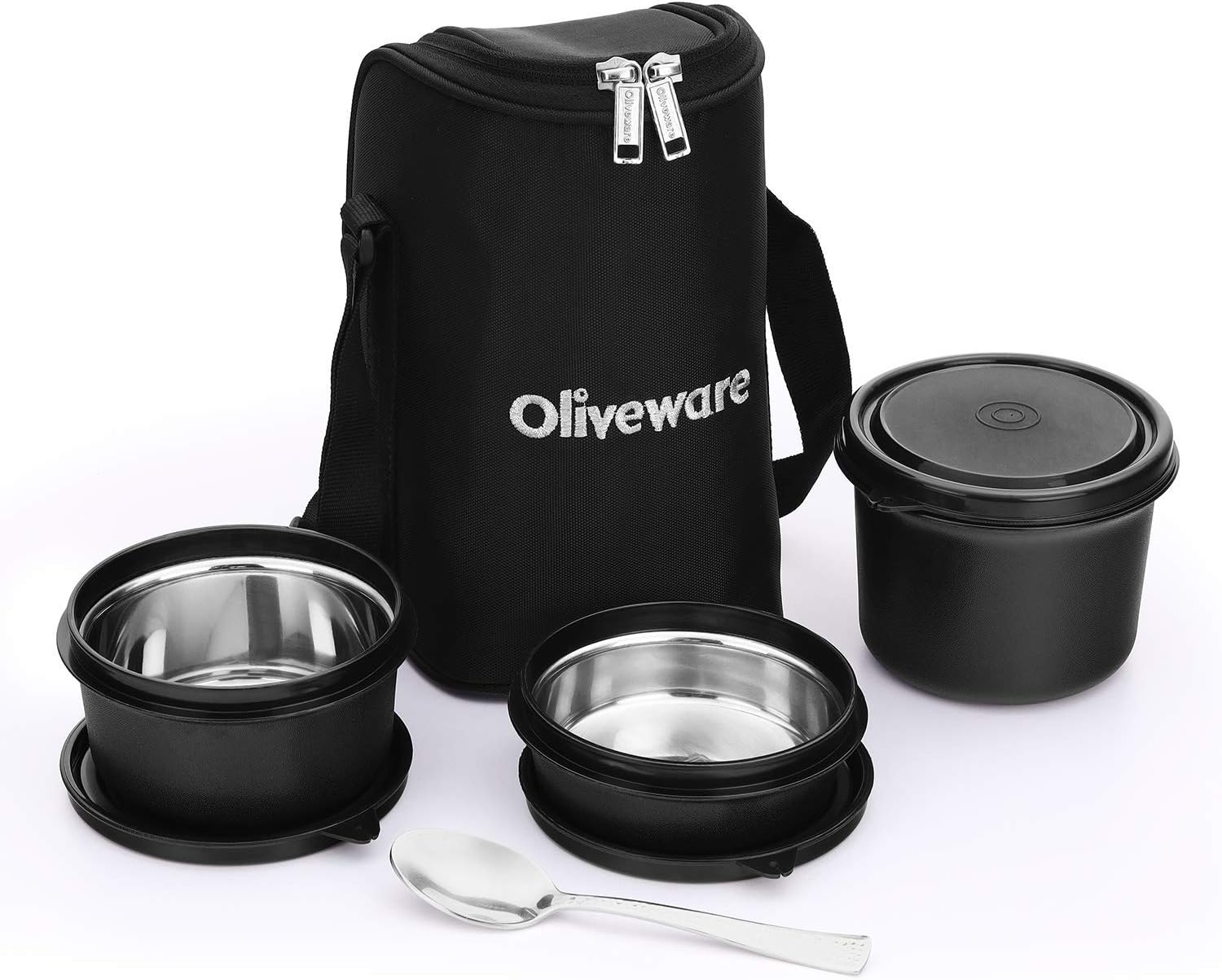 SOPL-OLIVEWARE Oliveware Boss Pro Lunch Box With Steel Spoon, Microwave Safe & Leak Proof, 3 Inner Steel Containers With Bpa Free Airtight Lids (290Ml, 450Ml, & 600Ml), Fabric Bag (Black)