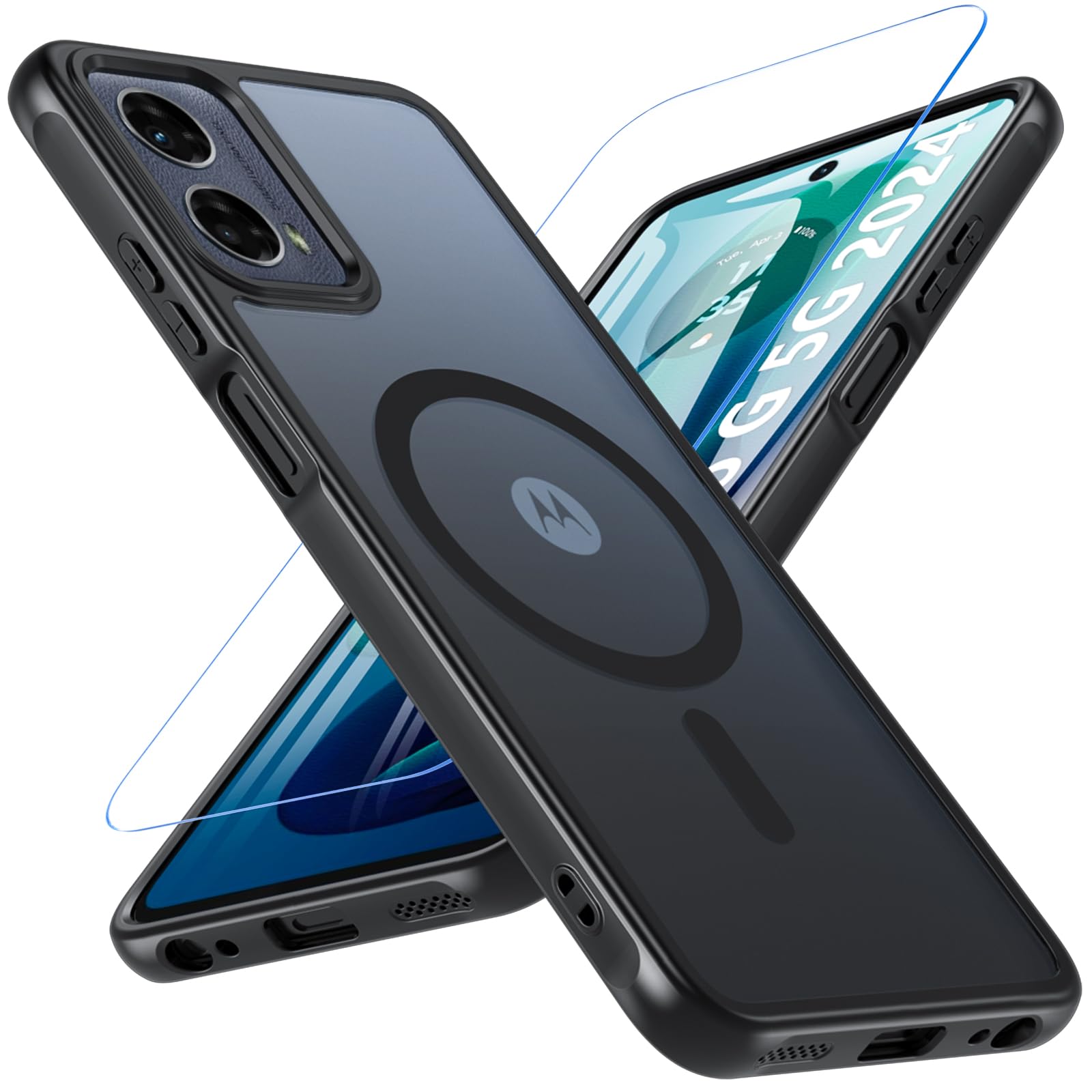BESINPO Magnetic Case for Moto G 5G 2024 Case with Tempered Screen Protector, (Compatible with MagSafe) Shockproof Protective Translucent Matte Phone