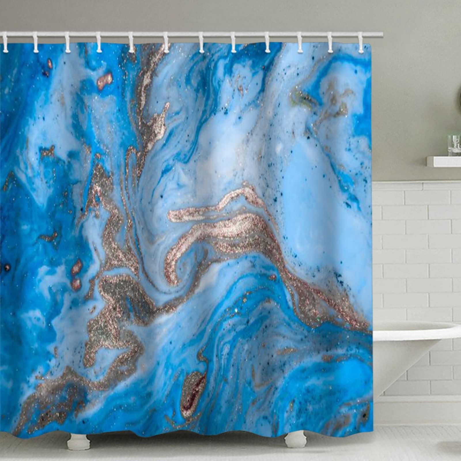 Rideau salle de bain marbre bleu et or KnSam pour créer une ambiance spa à la maison
