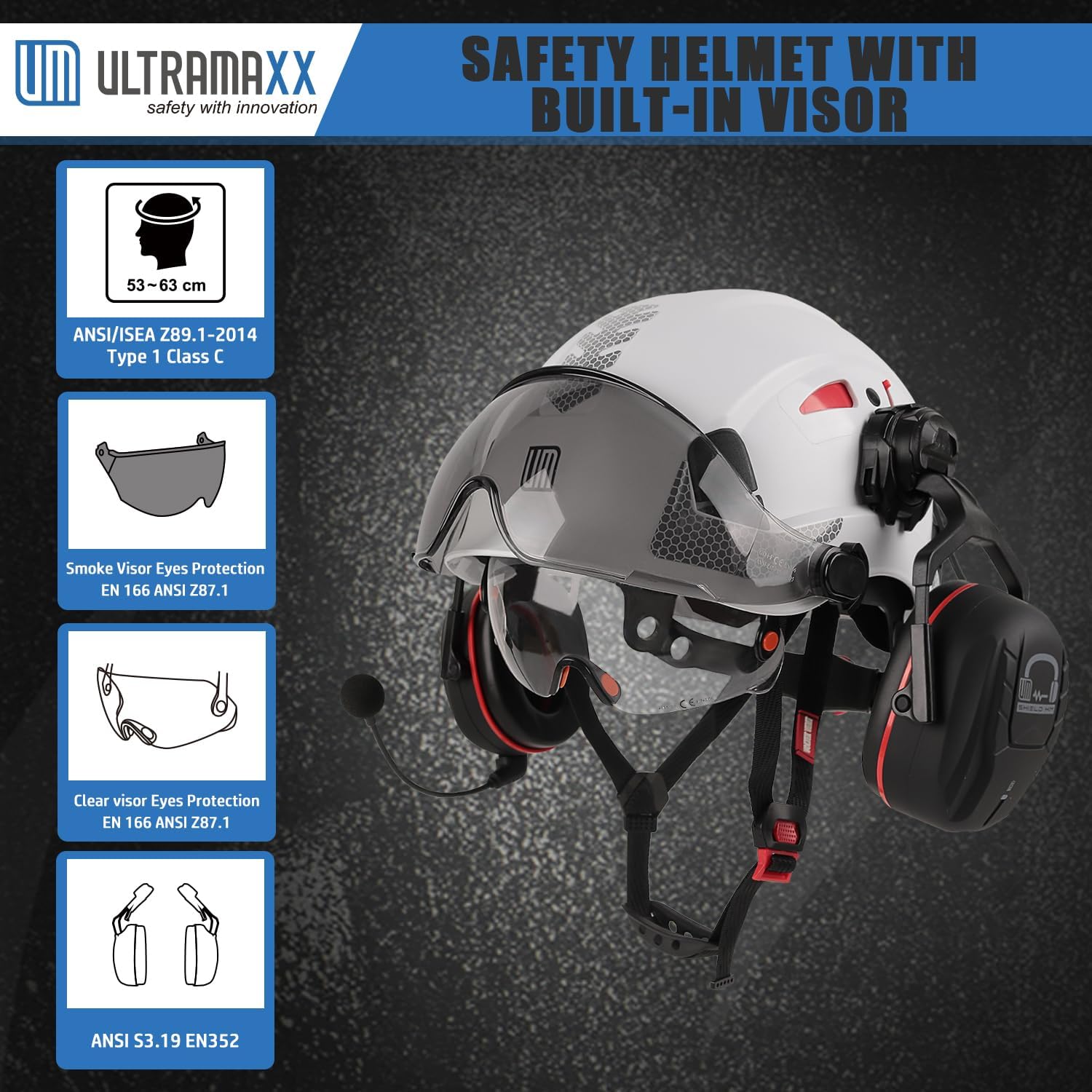 UM ULTRAMAXX Safety Helmet with Built-in Visor Ear Muffs Kits, Hard Hat with Vented Design, ANSI Z89.1 Certified, Ideal for Industrial and Construction