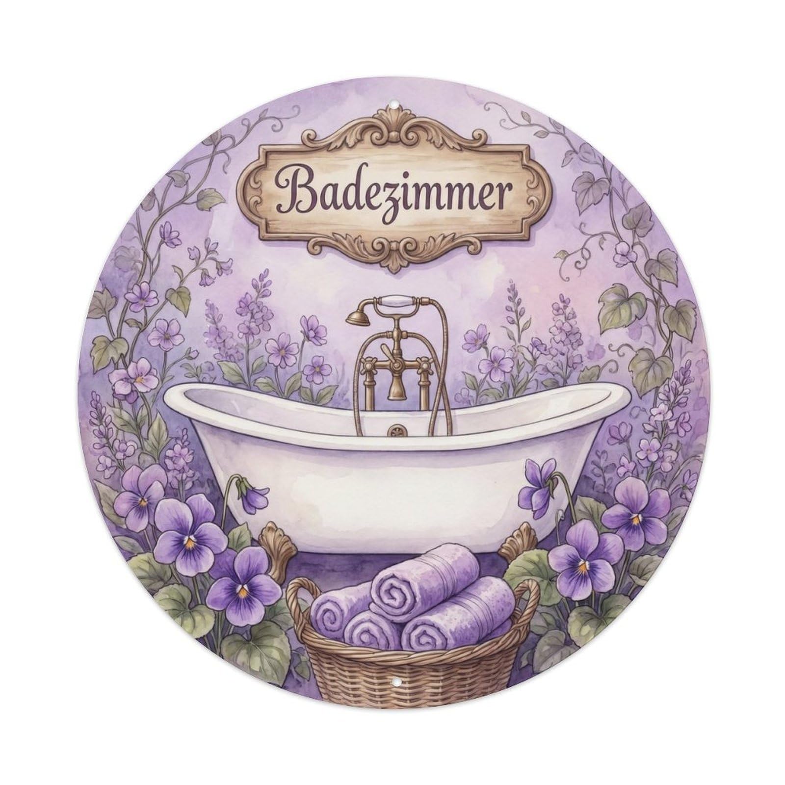 Badezimmer Violet Shabby Bathroom Decor Vintage Metal Tin Sign Plaque Wall Decor for Cafe, Club, Garden Round Metal Poster 8x8Inch