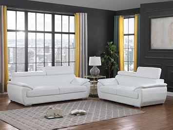 Blackjack Furniture 4571 Veal Collection 2 Piece Genuine Leather Sofa Set for Living Room, Modern Couch and Loveseat with Lumbar Support and Large Adjustable Headrests, 2+3 Seater, White