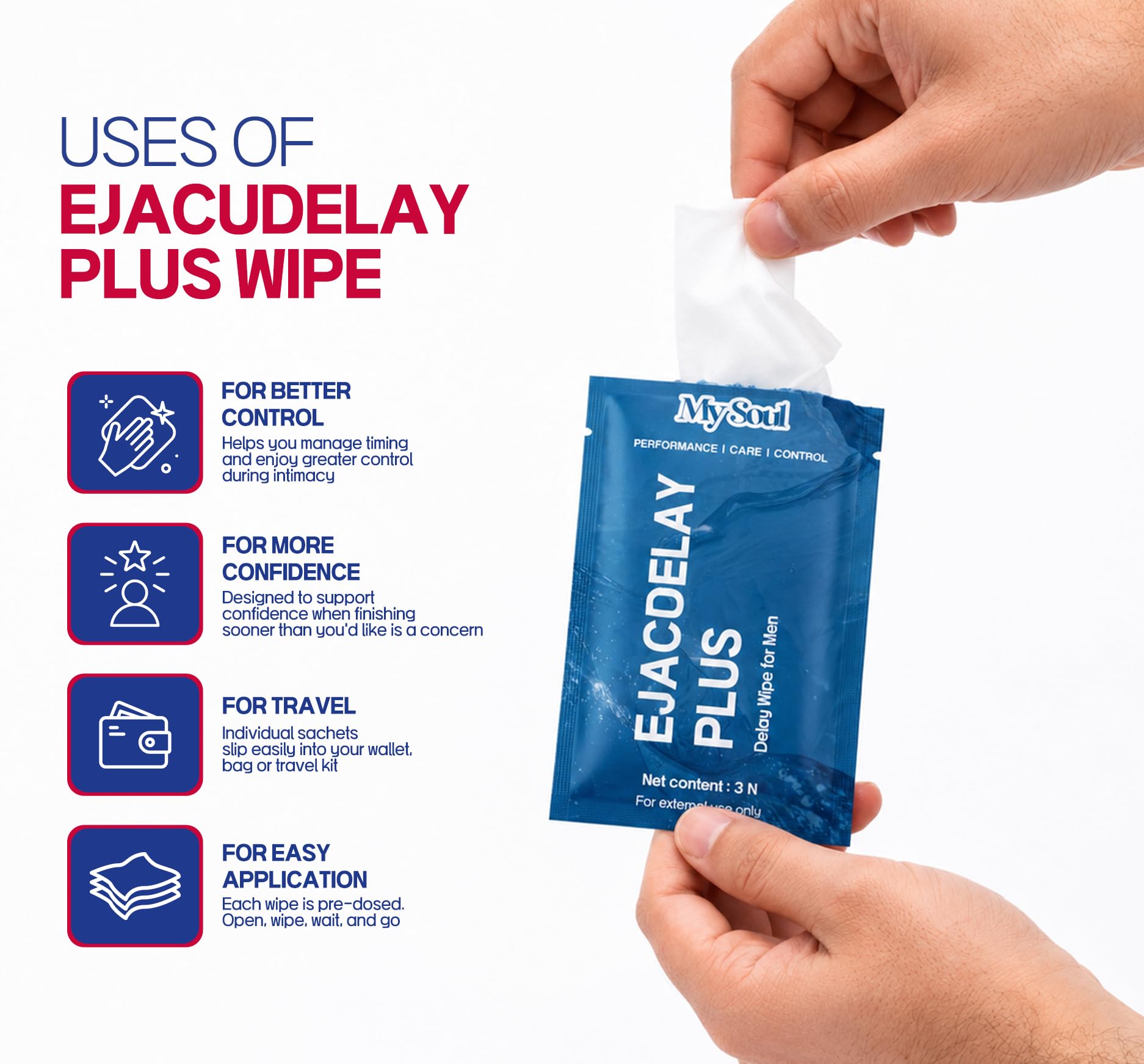 My Soul Ejacudelay Plus Topical Wipes for Men | 3 wipes | Alcohol-Free, Gentle & Quick-Drying | Easy to Use | Discreet & Travel-Friendly Packaging | Feel Clean And Confident — Amazon image 3