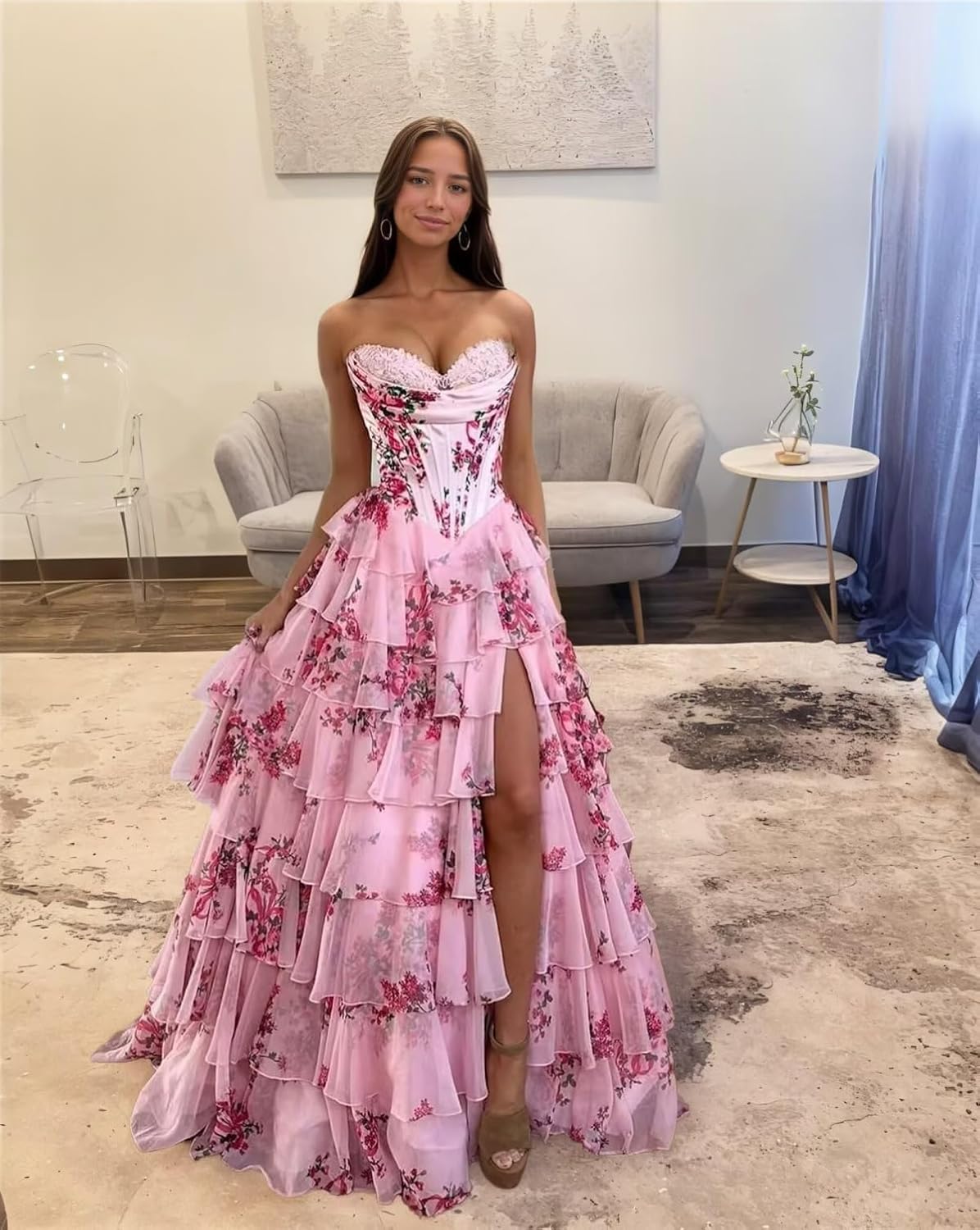 Tiered Floral Prom Dresses for Women 2026 Long Ruffled Chiffon Formal Evening Ball Gown