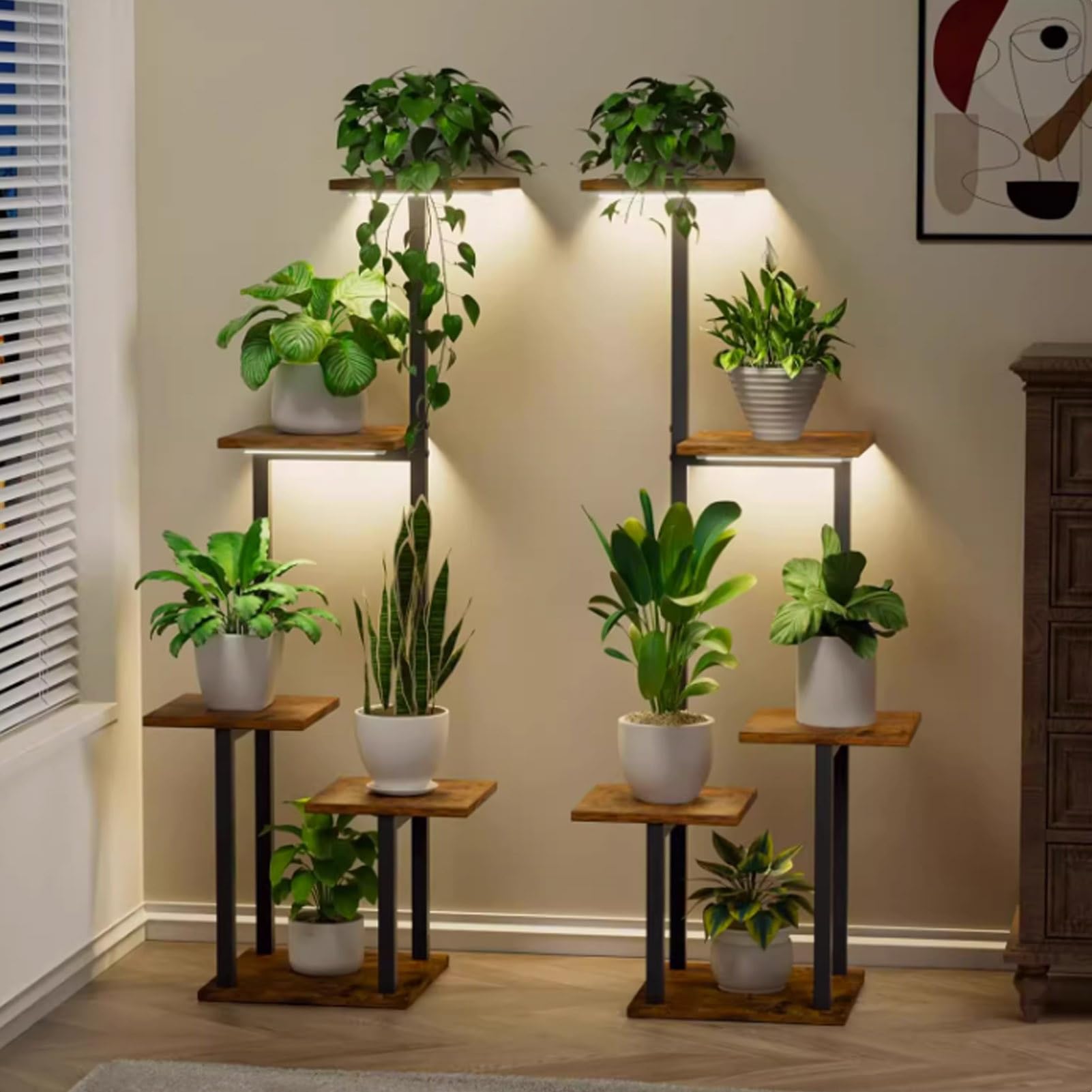 Étagère à fleurs haut avec lampe de culture pour support plantes intérieur 5 niveaux d'angle
