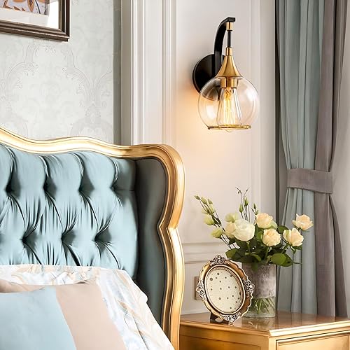 Miniatura 8 de Ymlii Aplique de pared para interiores, lámpara de pared negra y dorada con pantalla de globo de vidrio transparente de 4.9 pulgadas, luces de