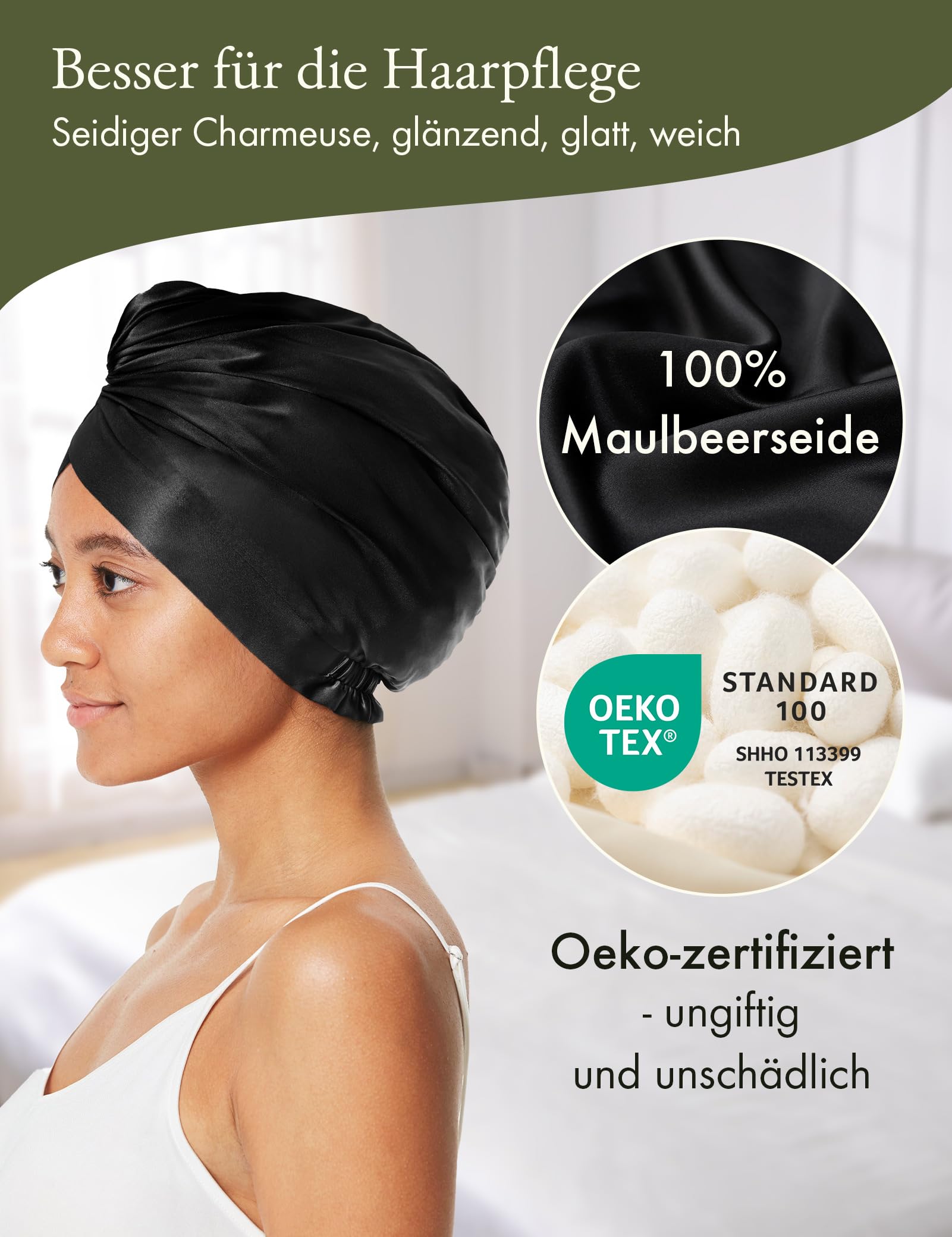 LilySilk 100% Maulbeerseide Schlafmütze für lockiges Haar Seide Bonnet Nacht Schlafmütze Kopfbedeckung Haarwickel für Frauen mit elastischem Band